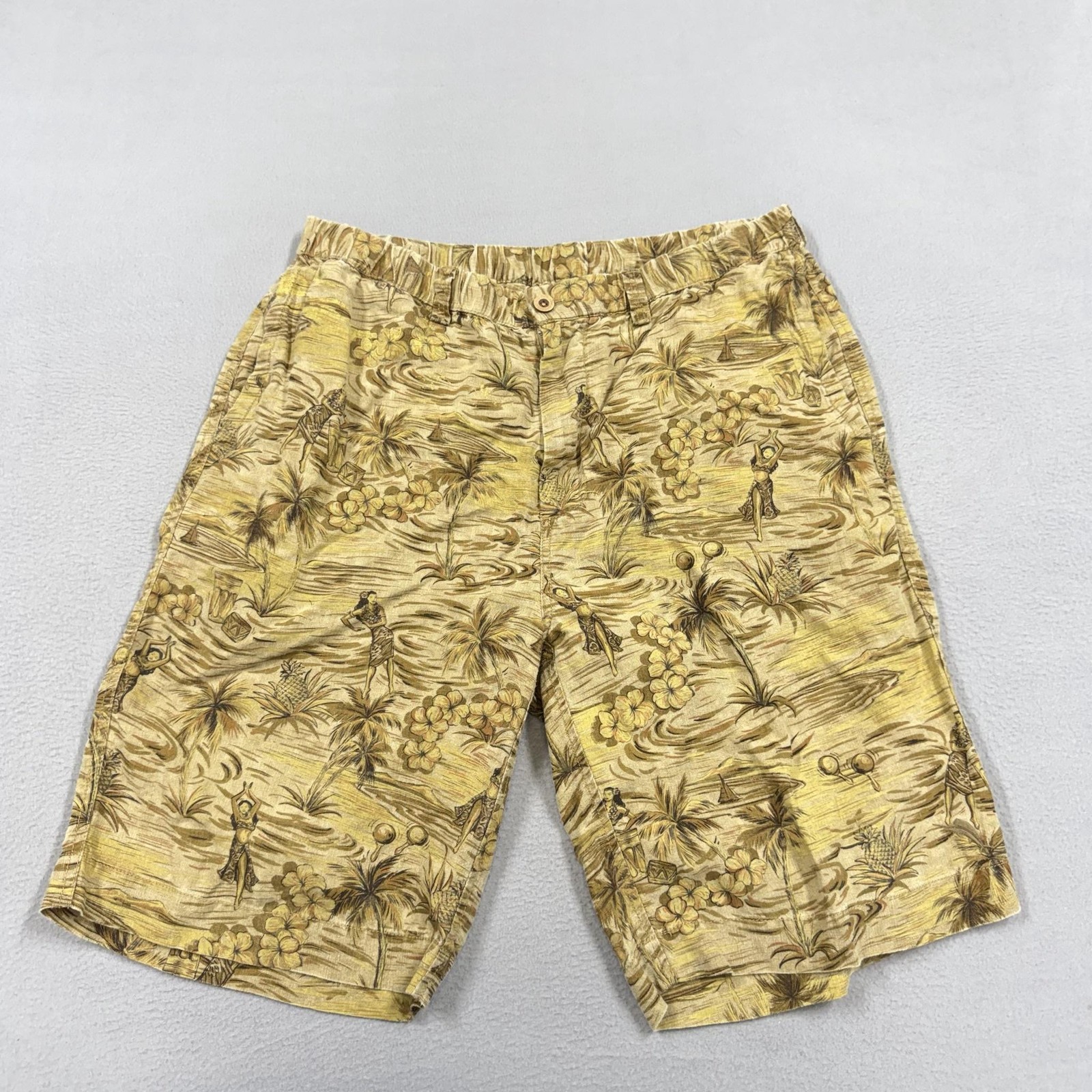 Tommy Bahama Shorts Mens Large Beige Linen Tropical Print Bermuda 11 Inseam