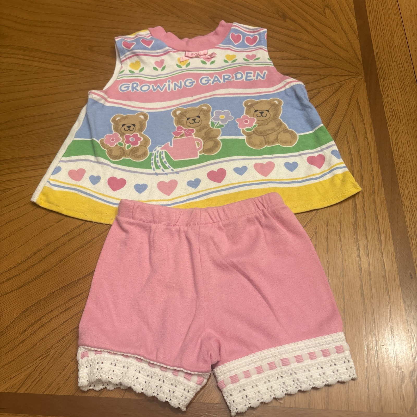 Vtg 90s Young Hearts Toddler Girls 3T Shorts Set Teddy Bear Garden Pink Lace