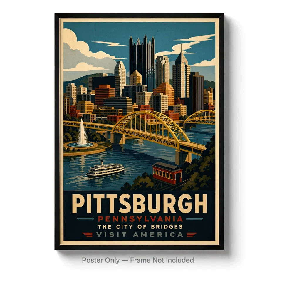 Pittsburgh Poster Vintage Travel Print Skyline Wall Art Pennsylvania Decor Pittsburgh Poster Vintage Travel Print Skyline Wall Art Pennsylvania Decor