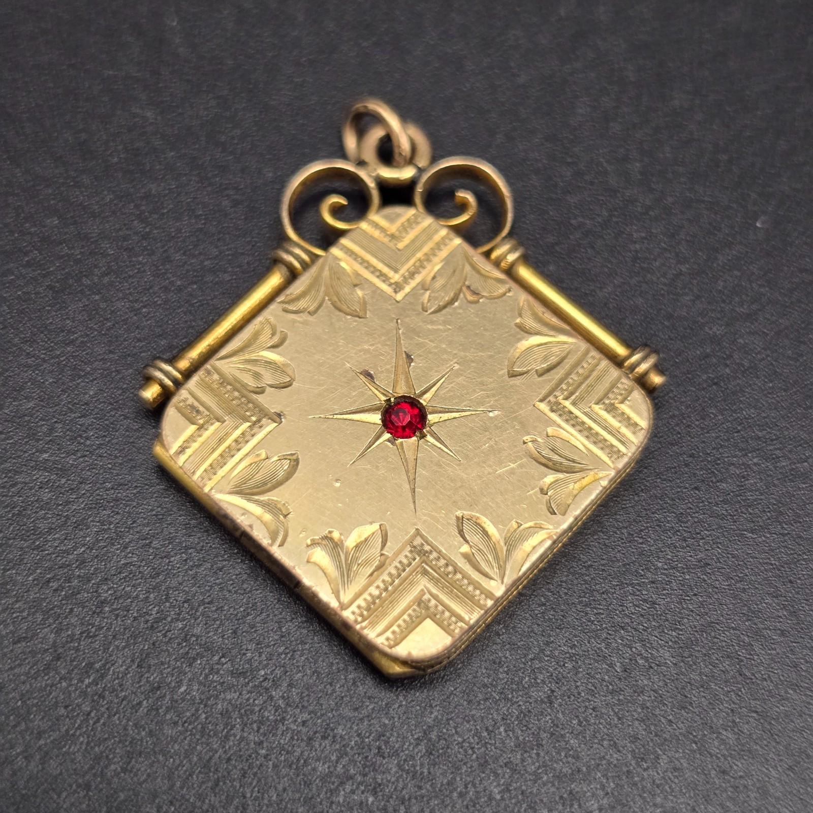 Antique Victorian G.W.&R. Gold Filled Square Book Locket with Ruby Paste Accent