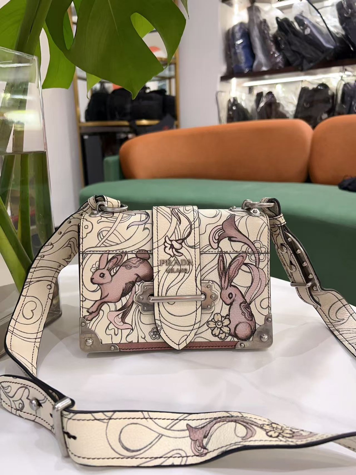 Prada x James Jean Rabbit Print Cahier Small Crossbody Bag Opaline Silver Auth
