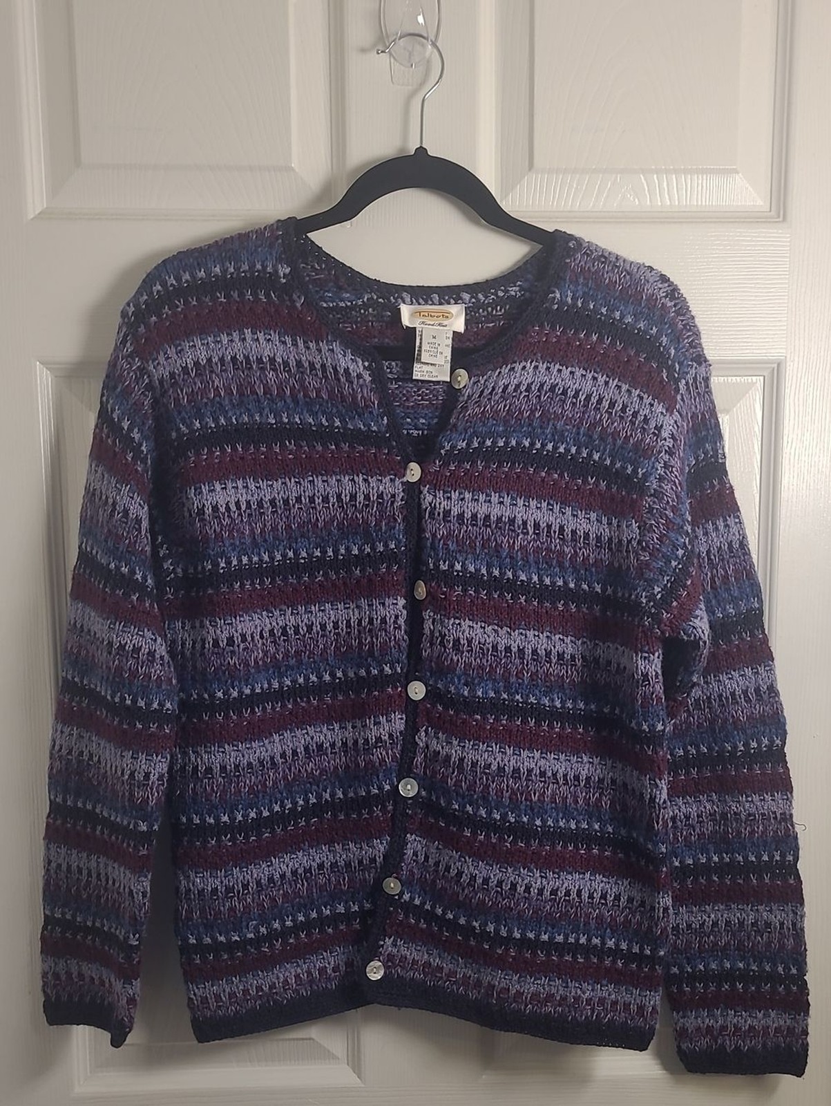 Talbots M Hand Knit Wool Blend Striped Cardigan Sweater Vintage Grandmacore