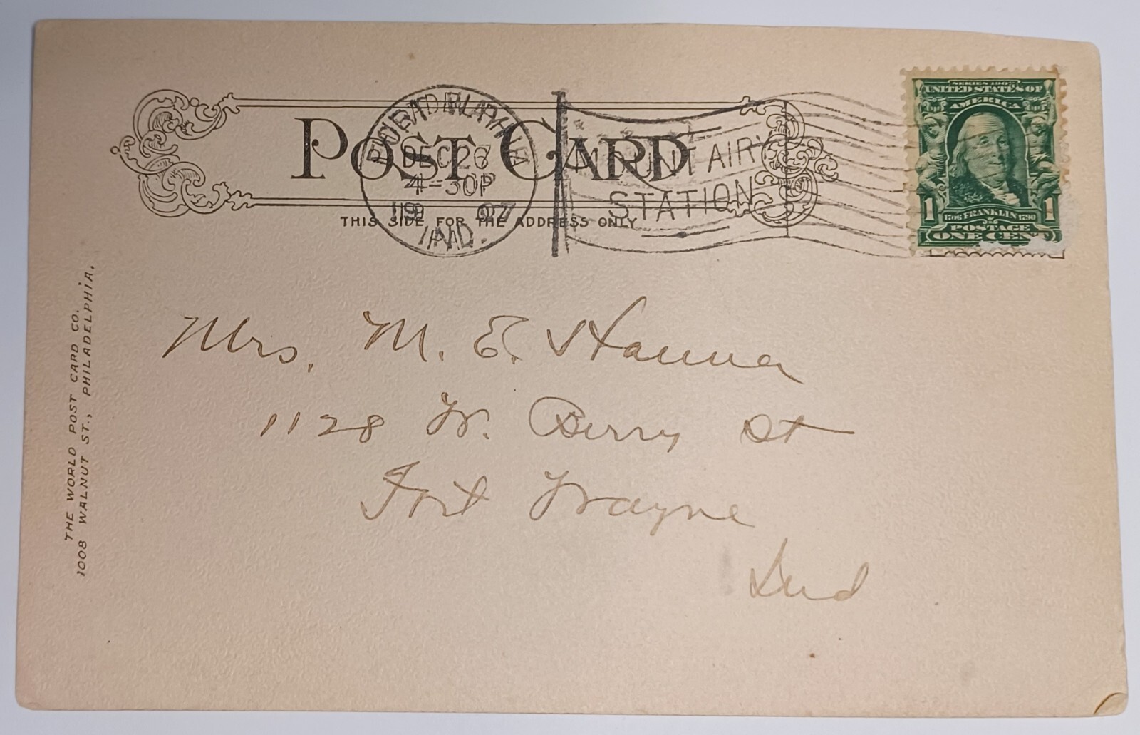 Extremely Rare 1907 Canceled 1 CENT Benjamin Franklin Stamp-Photo/Topo POSTCARD 