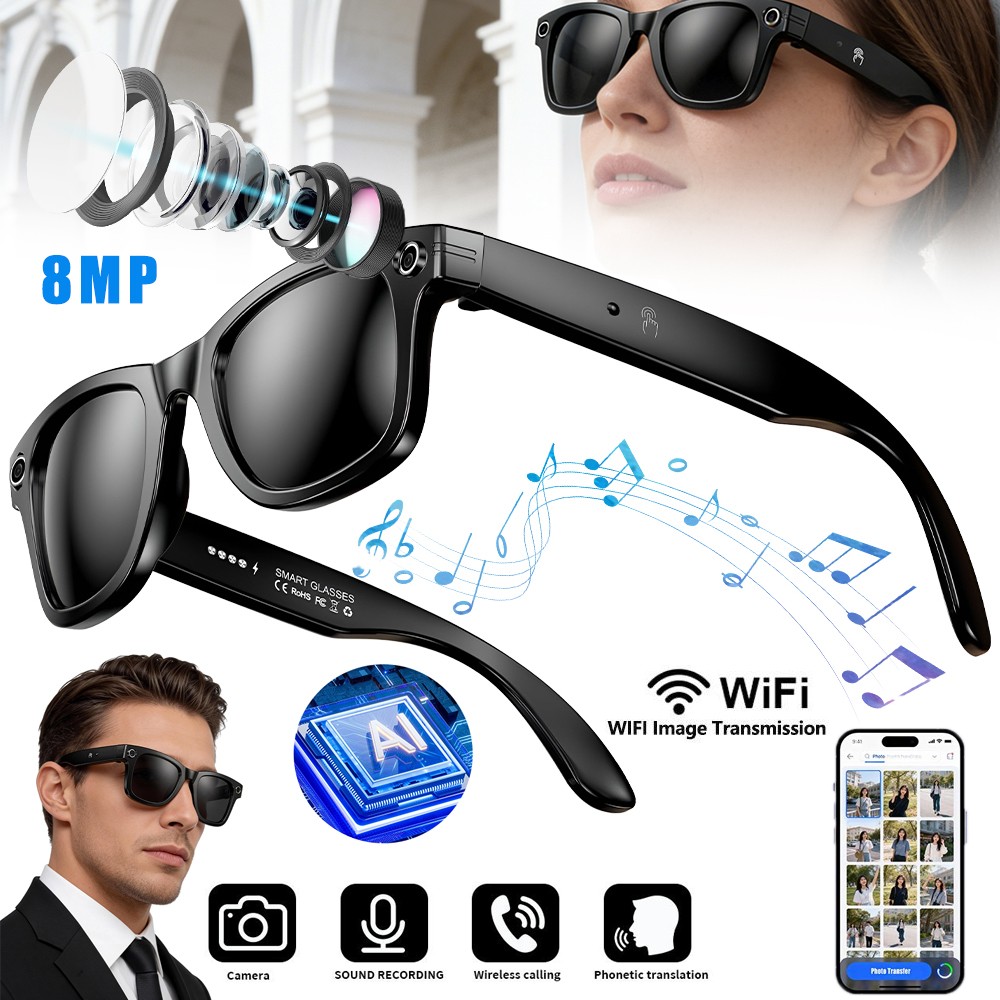 Lentes Inteligentes con AI HD Camara Gafas De Sol Bluetooth Traductor de voz
