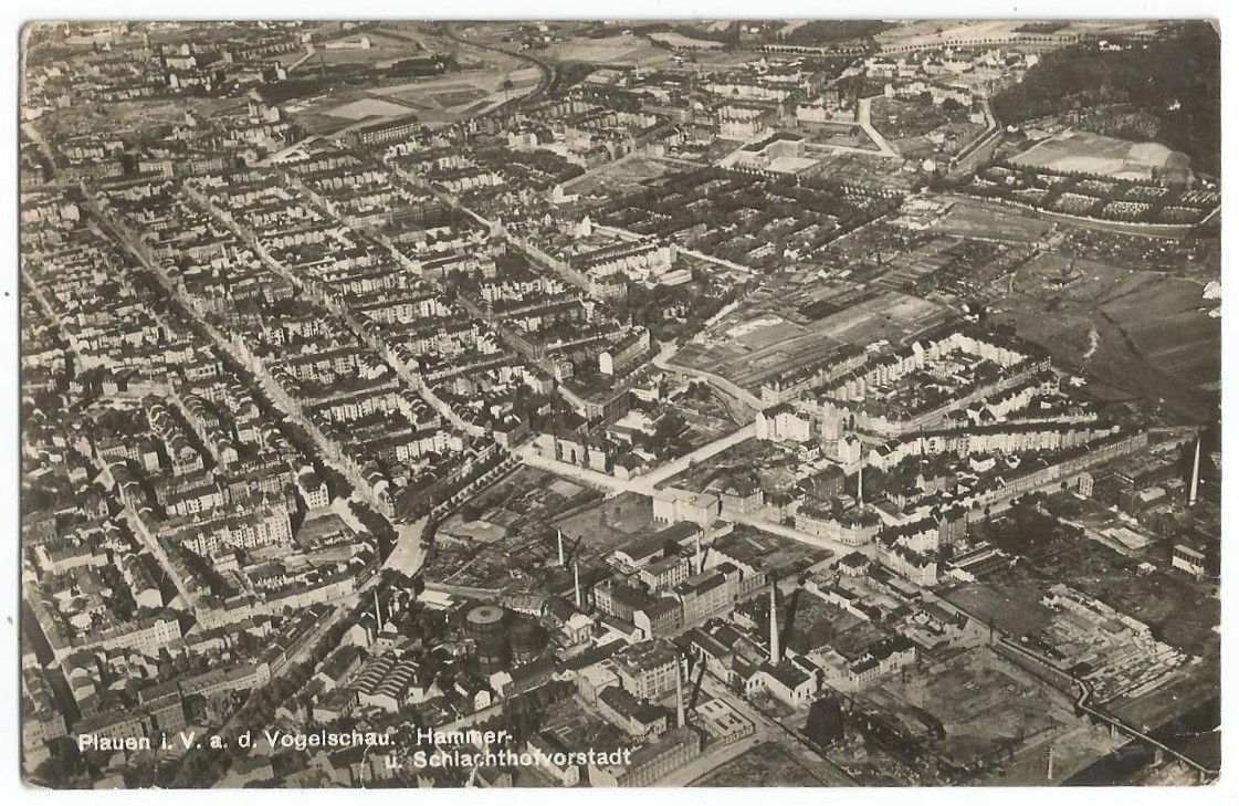 Plauen in the Vogtland, Hammer and Slaughterhouse Suburb, Aerial View, Photo Postcard from 1939