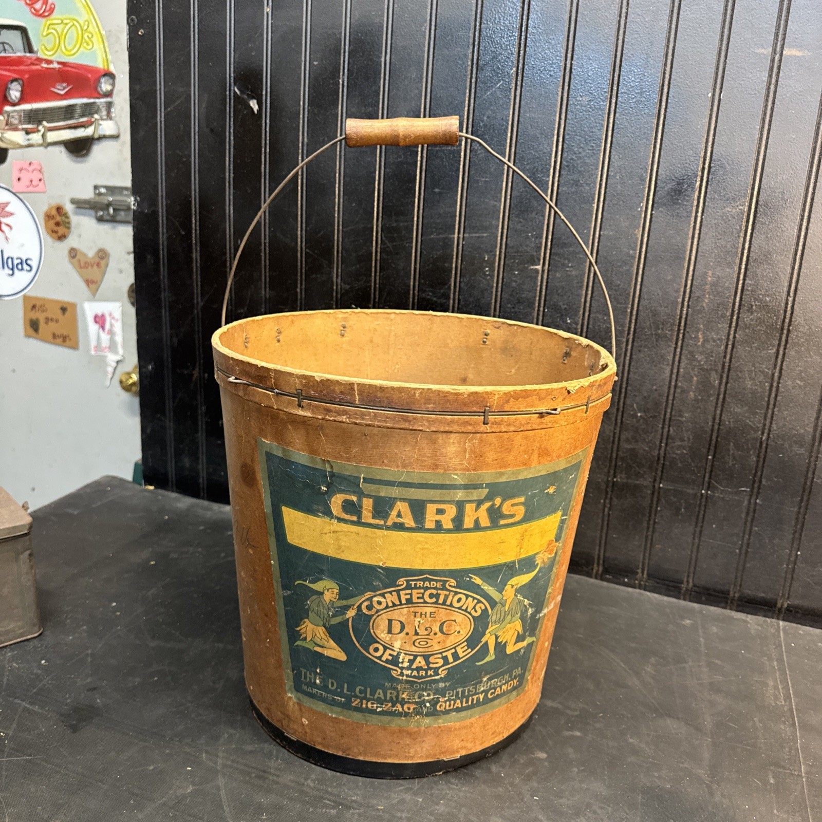 Antique Clarks confections candy bucket large advertising Antique Clarks confections candy bucket large advertising