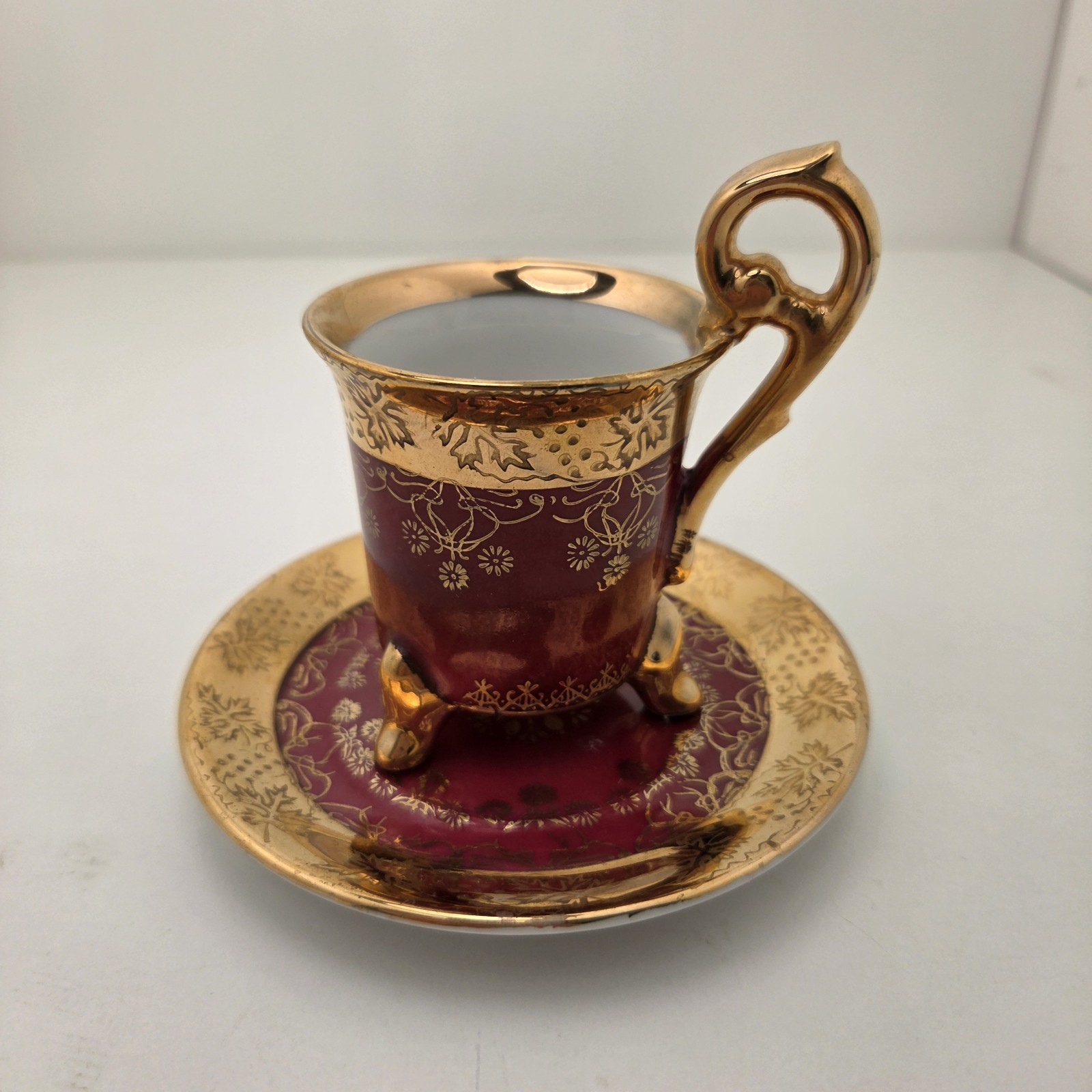 Vintage Karl Klette Crown D Dresden Style Footed Cup Saucer Deep Burgundy & Gold