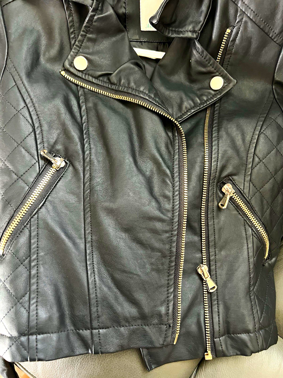 SO Black Teens Juniors 7 Biker Jacket Faux Leather Quilted Lined Zip/Snap