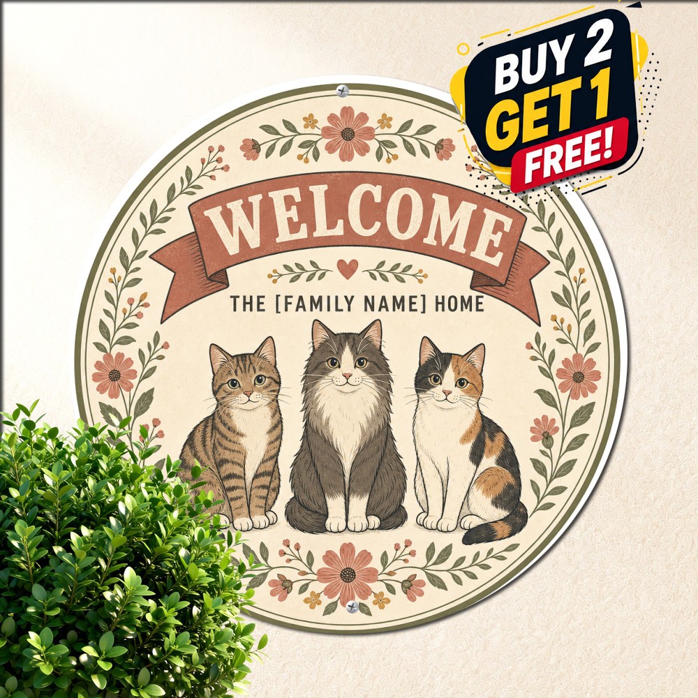 Three Sitting Cats Floral Wreath Custom Family Welcome Round Metal Sign