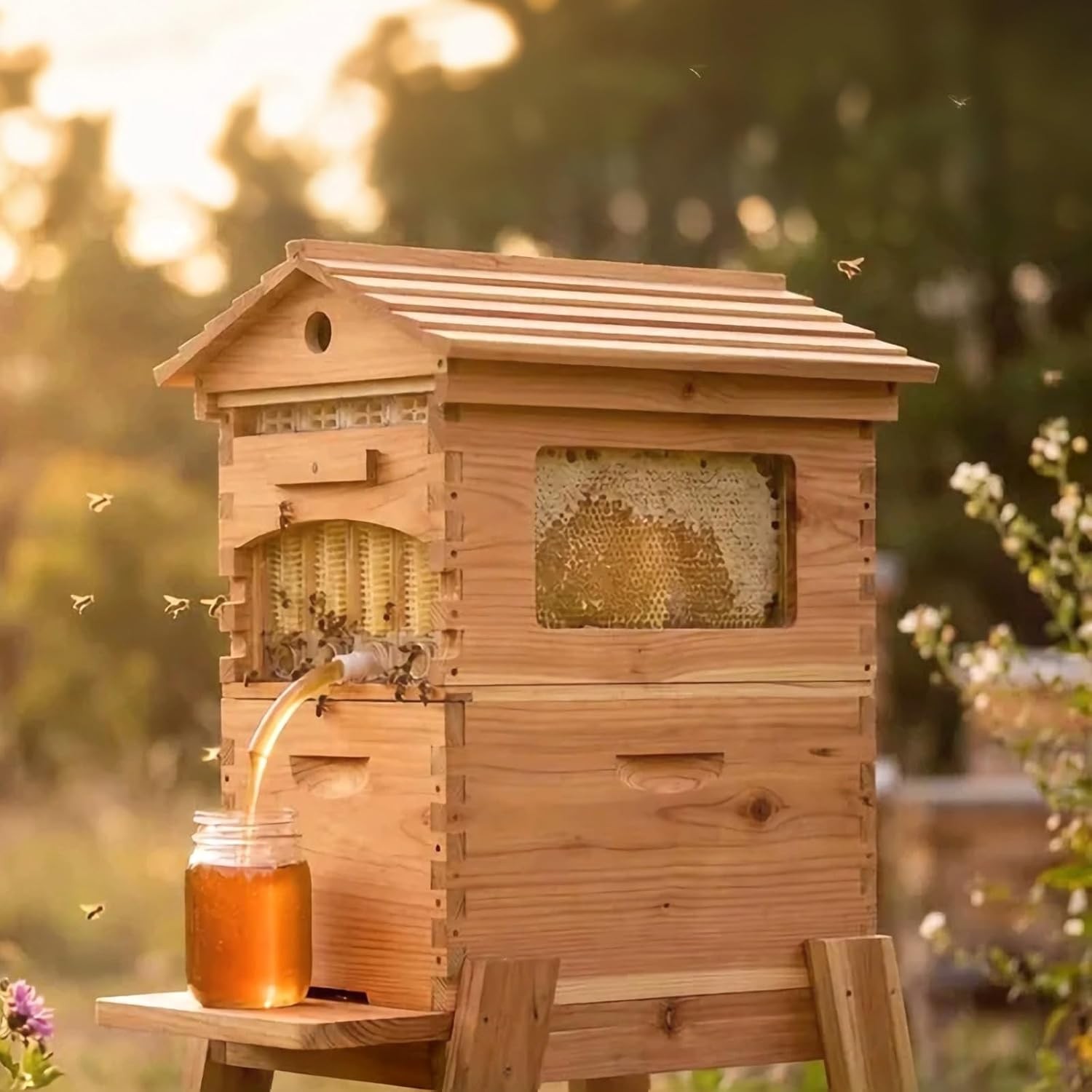 Automatic Beehive Starter Kit Cedarwood Beekeeping Box with 7pcs Auto Bee Frames