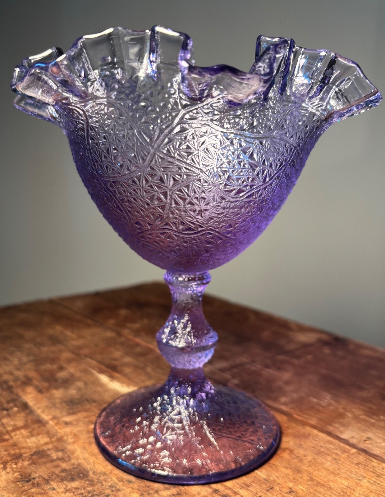 Vintage Fenton Wisteria Tree of Life Ruffled Compote Neodymium Glass Vintage Fenton Wisteria Tree of Life Ruffled Compote Neodymium Glass