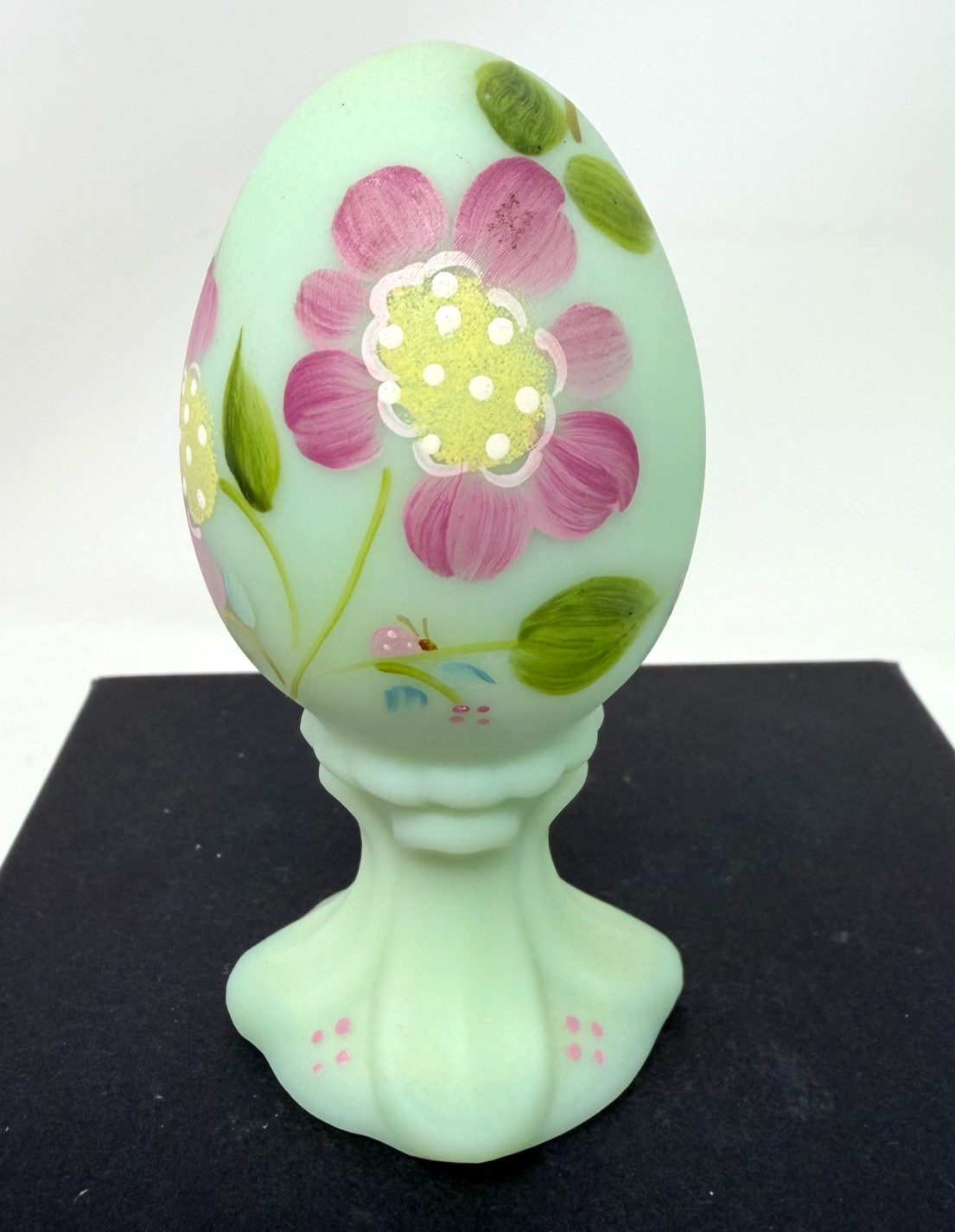 Fenton Hand Painted Sea Green Floral Egg Signed Kim Barley Fenton Hand Painted Sea Green Floral Egg Signed Kim Barley