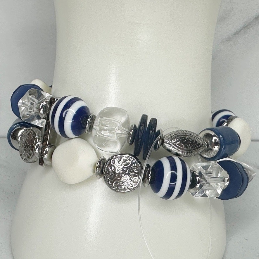 Chico\'s Navy White Beaded Crystal Silver Stretch Bracelet NWT