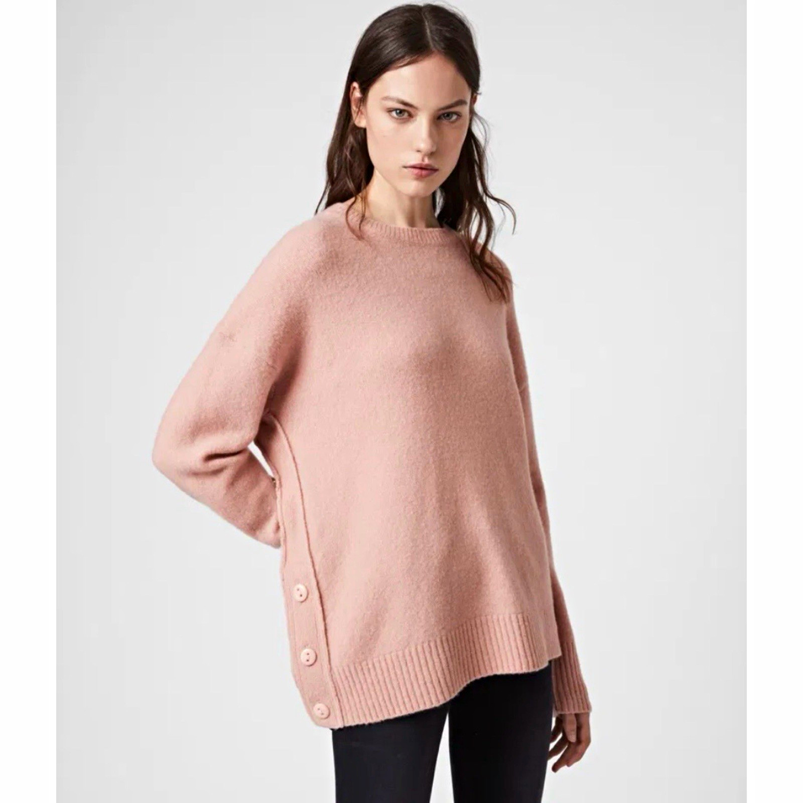 AllSaints Rufa Jumper Sweater Wool Yak Buttons Pink Sz Large AllSaints Rufa Jumper Sweater Wool Yak Buttons Pink Sz Large