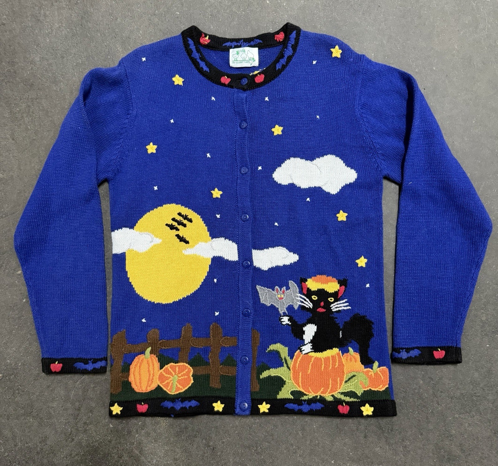Vintage Quacker Factory Halloween Pumpkin Cat Bat Knit Cardigan Size M Vintage Quacker Factory Halloween Pumpkin Cat Bat Knit Cardigan Size M