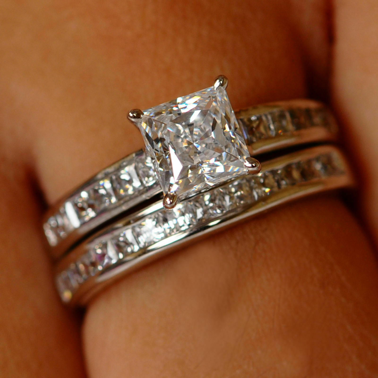 2.20 ctw Princess Moissanite Bridal Set Matching Band Ring 14K White Gold Plated
