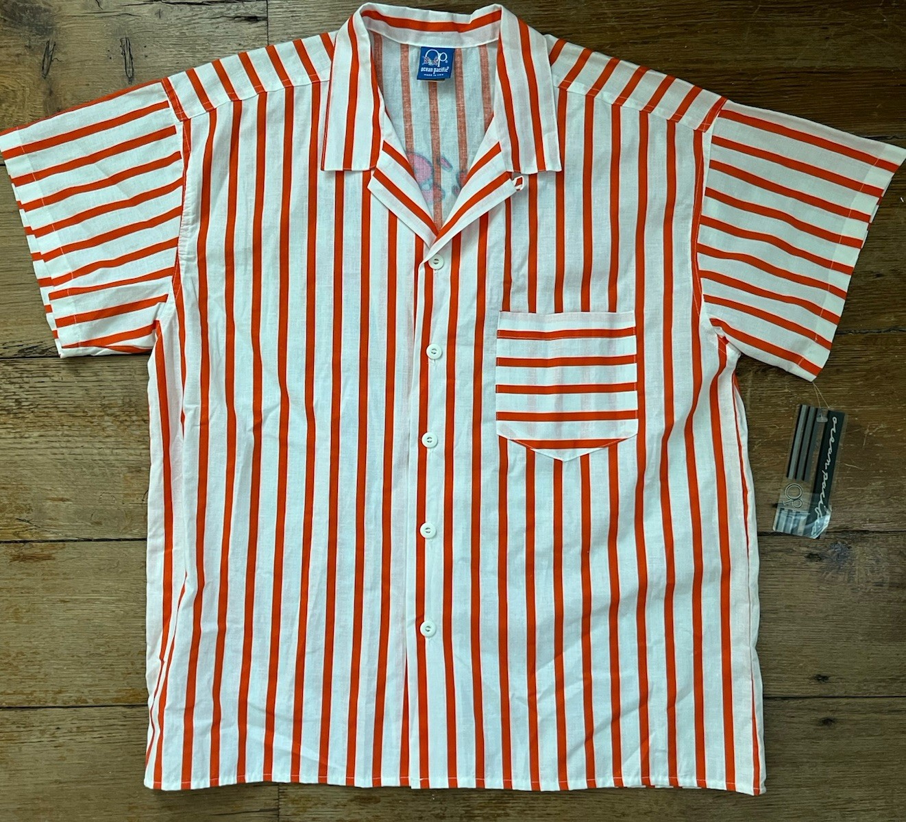 WOW  Vtg Op Ocean Pacific Orange Striped Shirt Surf Camp Cool Graphics 80\'s NWT