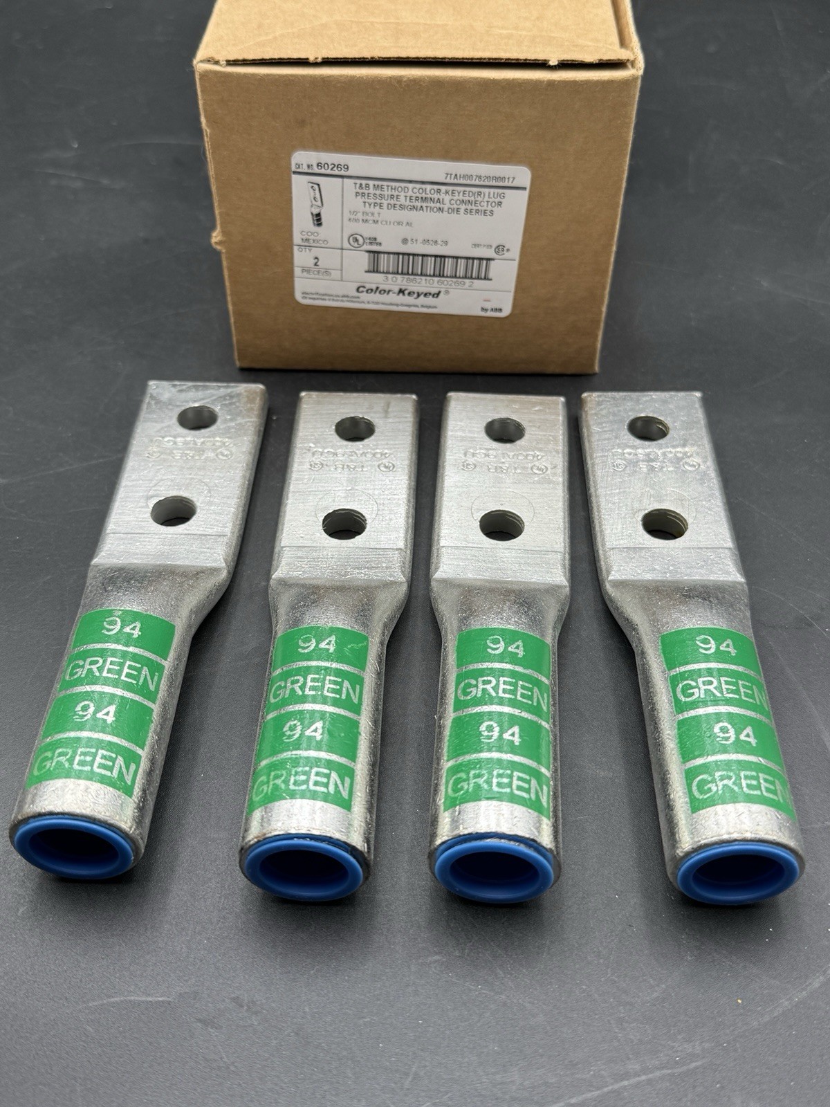 4 NEW T&B #60269 Green 94, Crimp-On, Two hole lug, Connectors 4 NEW T&B #60269 Green 94, Crimp-On, Two hole lug, Connectors