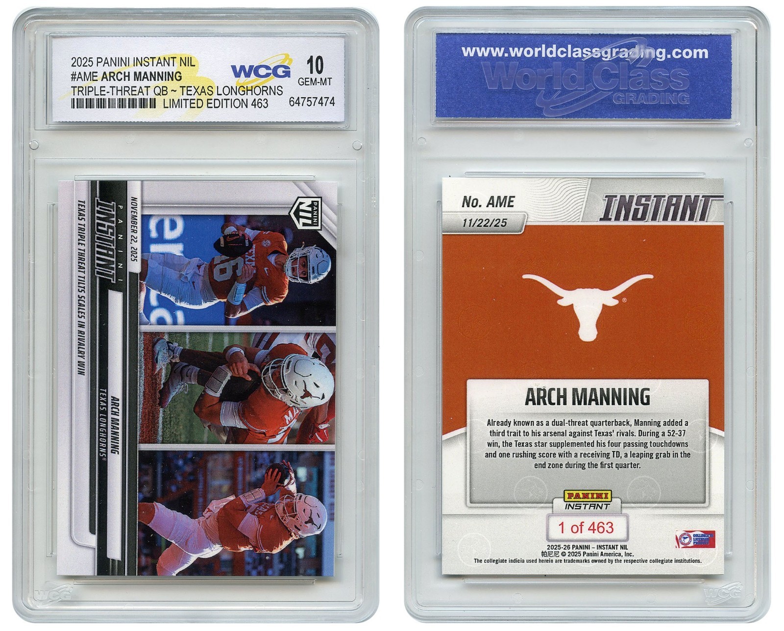 2025 Panini ARCH MANNING Triple-Threat QB Texas Longhorns Card #AME GEM MINT 10 2025 Panini ARCH MANNING Triple-Threat QB Texas Longhorns Card #AME GEM MINT 10
