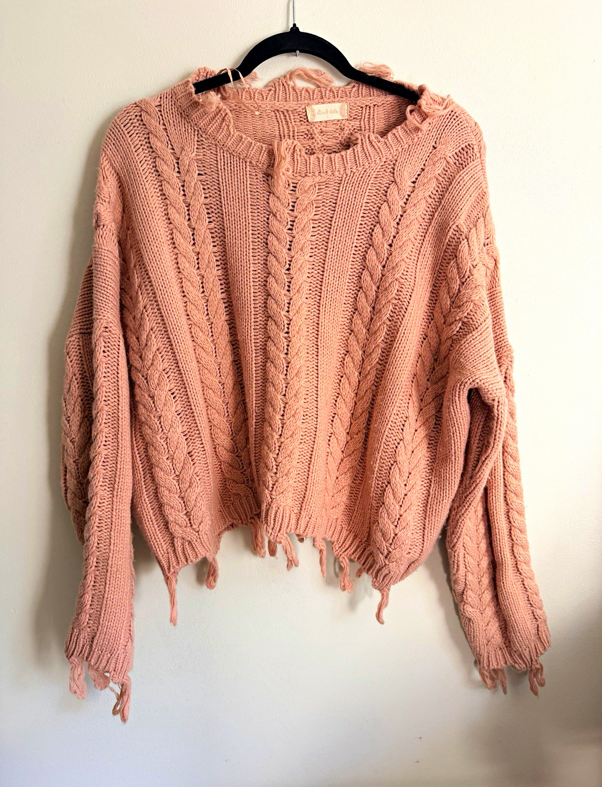 Altar\'d State Dusty Pink Chunky Cable Knit Sweater with Fringe Hem - Size Large