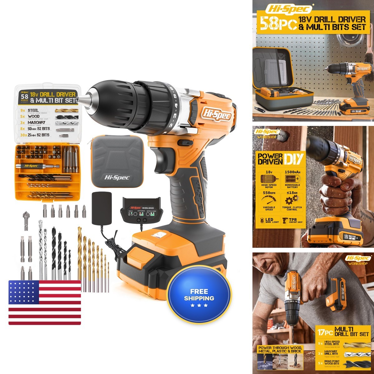 Hi-Spec 18V Cordless Drill Driver Kit with S2 Steel Bits