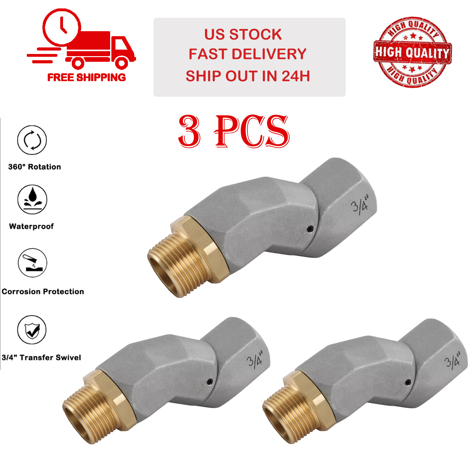 3PCS Car Fuel Swivel 3/4 Inch NPT Fuel Transfer Hose Swivel 360 Rotate Connector