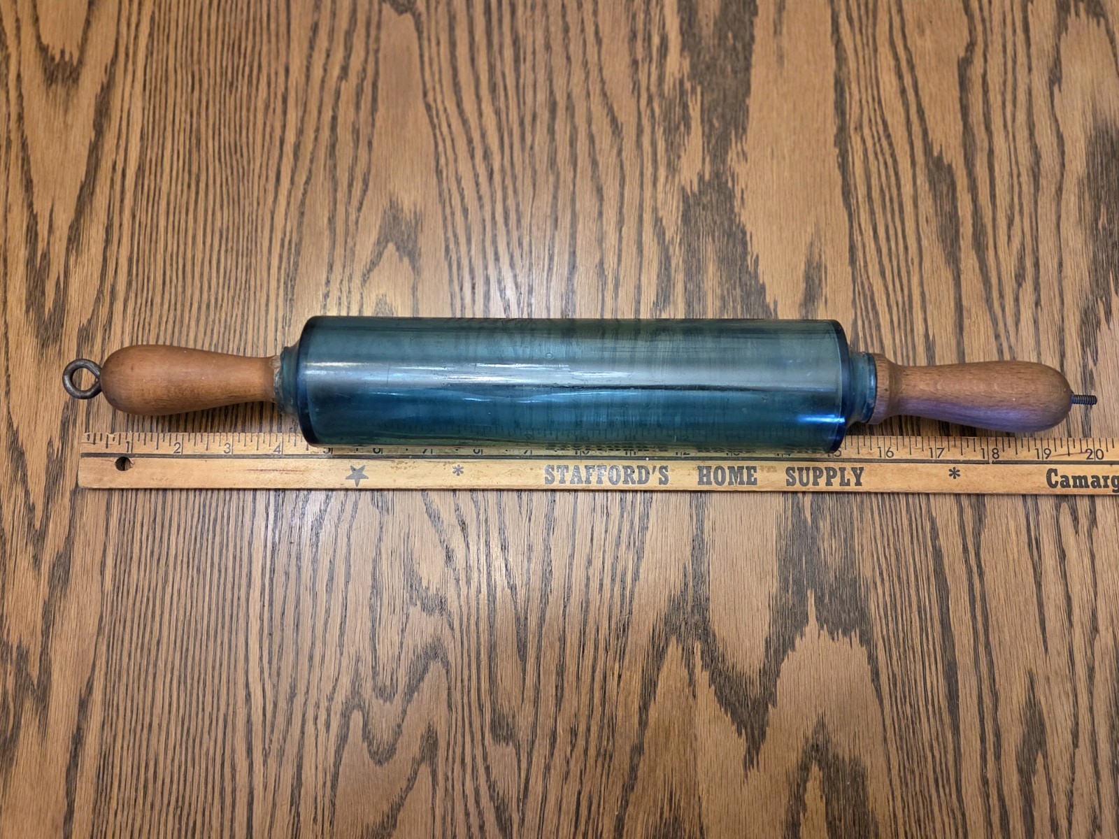Rare Depression Era Peacock GEM Blue Glass Rolling Pin with Wooden Handles