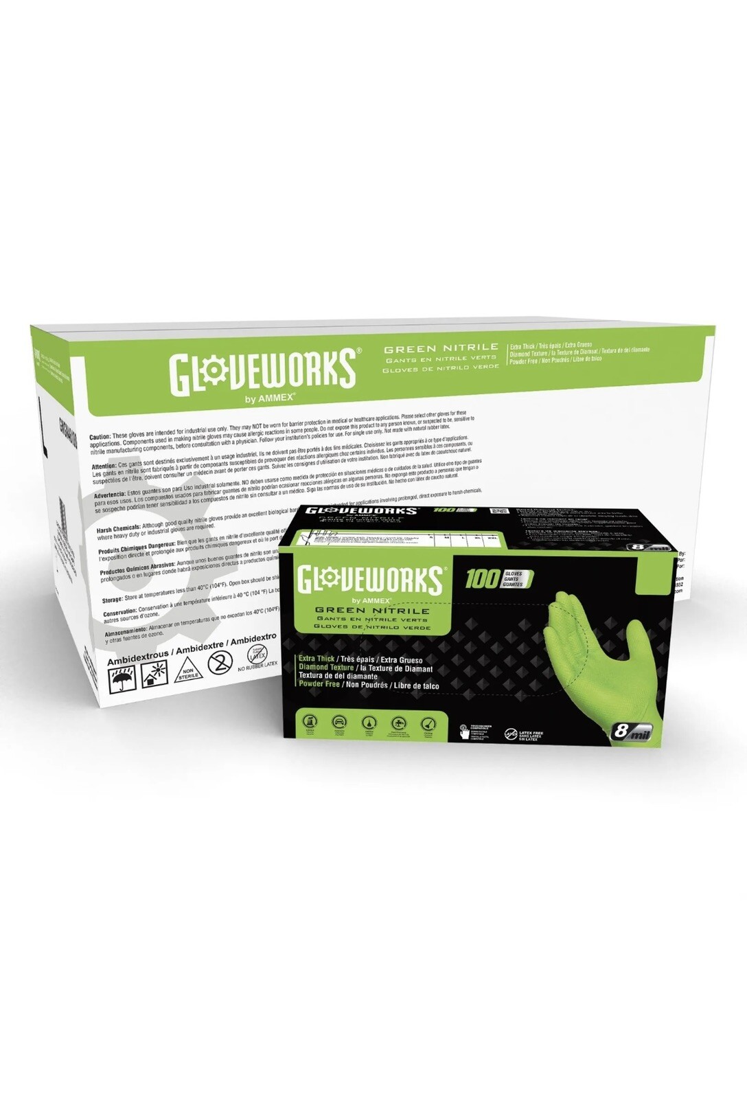 GLOVEWORKS HD Green Nitrile Industrial Gloves, 8 Mil, Case of 1000 Size Large GLOVEWORKS HD Green Nitrile Industrial Gloves, 8 Mil, Case of 1000 Size Large