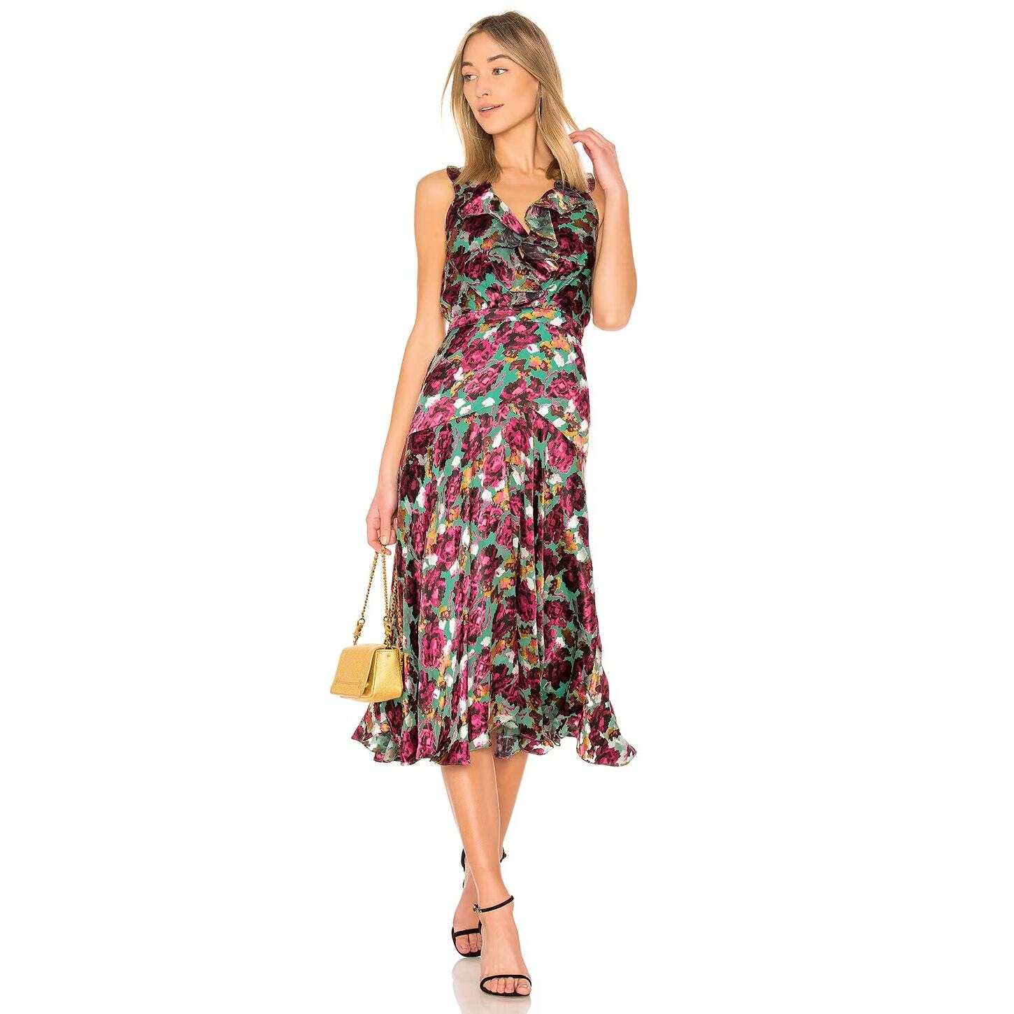 SALONI Rita Dress Seagreen Cloudy Rose Floral Midi Sz 2 Ruffles Flowy Silk Sexy