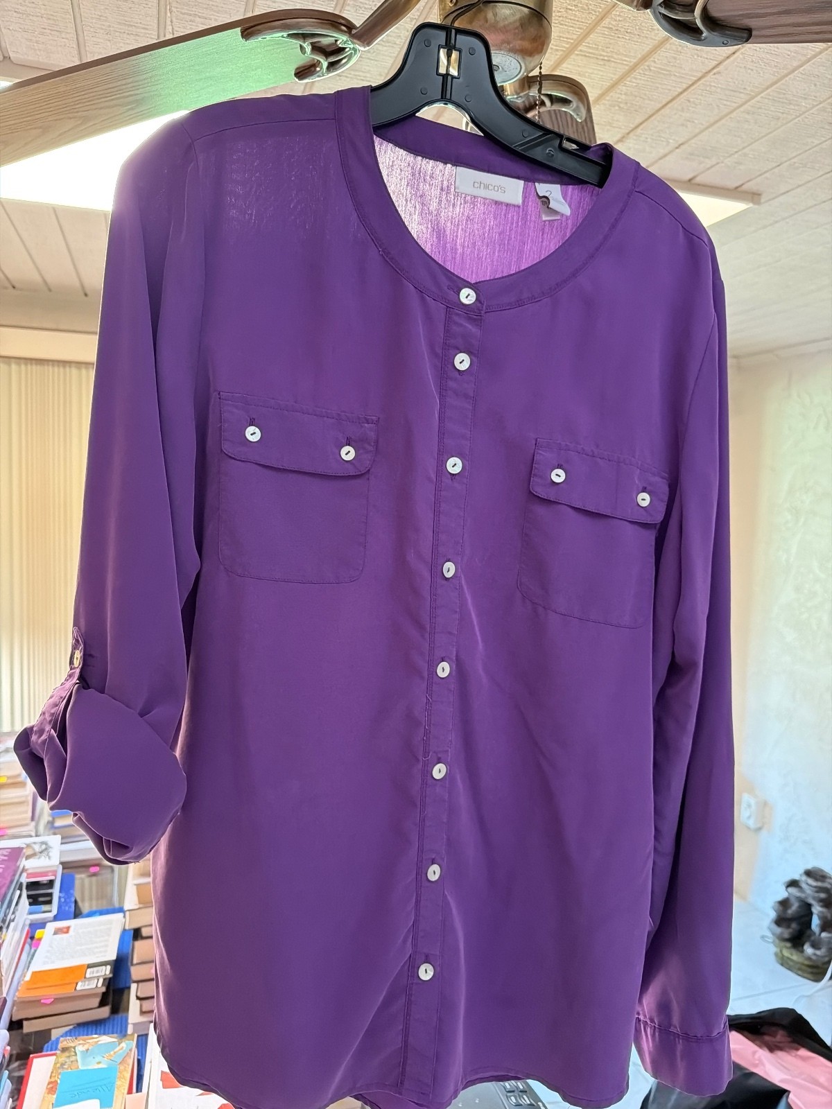 Chico’s band collar button up shirt sz 2 Chico’s band collar button up shirt sz 2