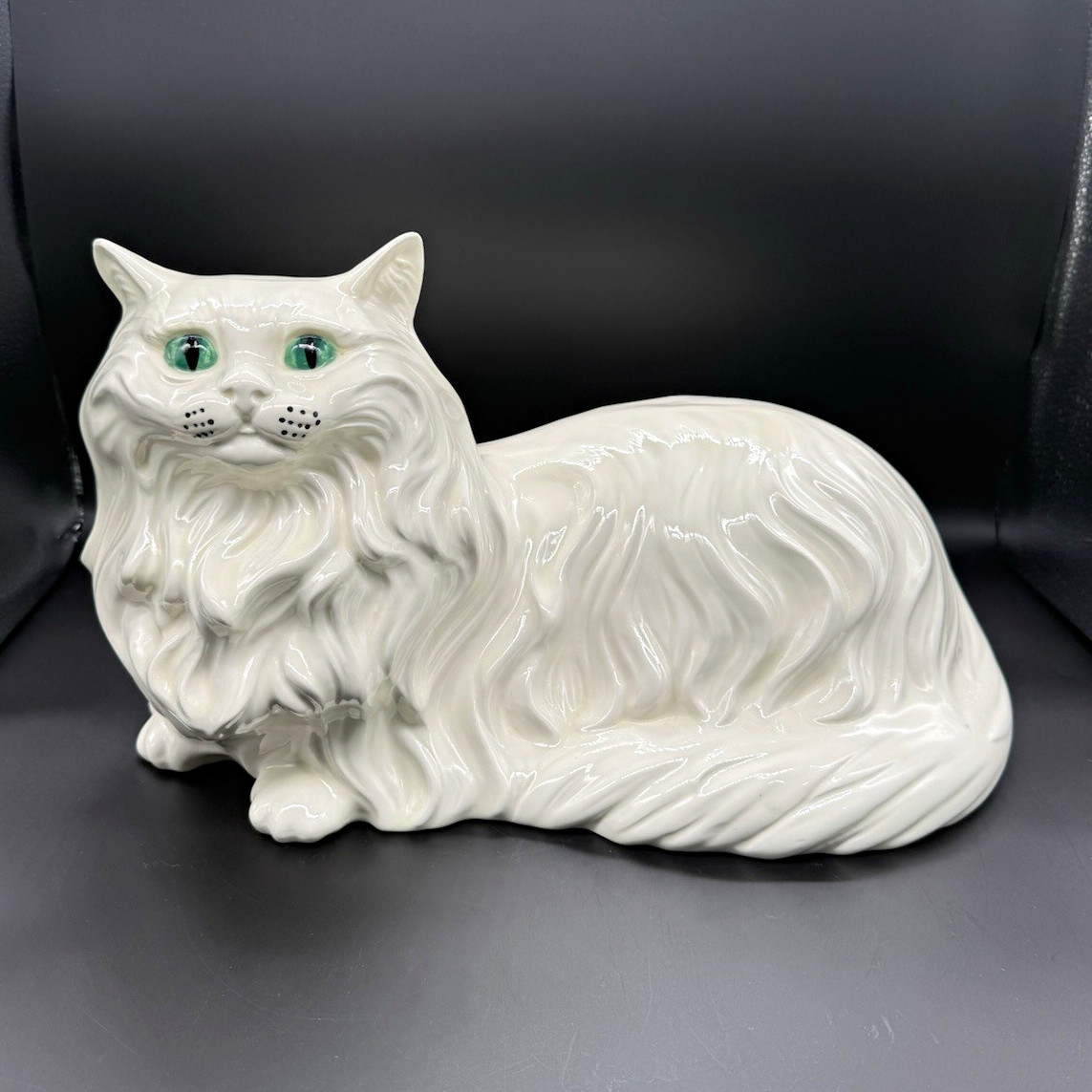 Vintage Large Persian Cat Ceramic Statue MCM Style Long Hair Green Eyes