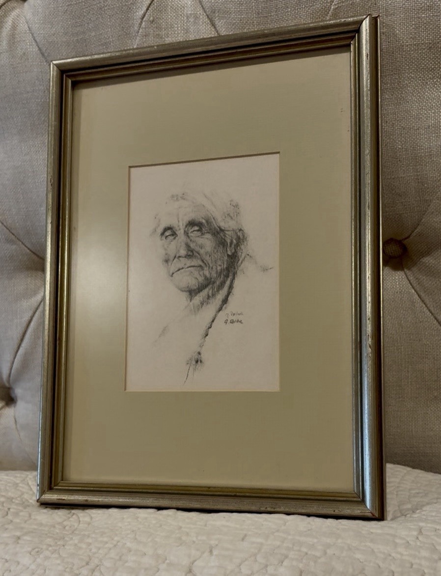 Vintage Gary Roller Lithograph Charcoal Print Native American Elder Look