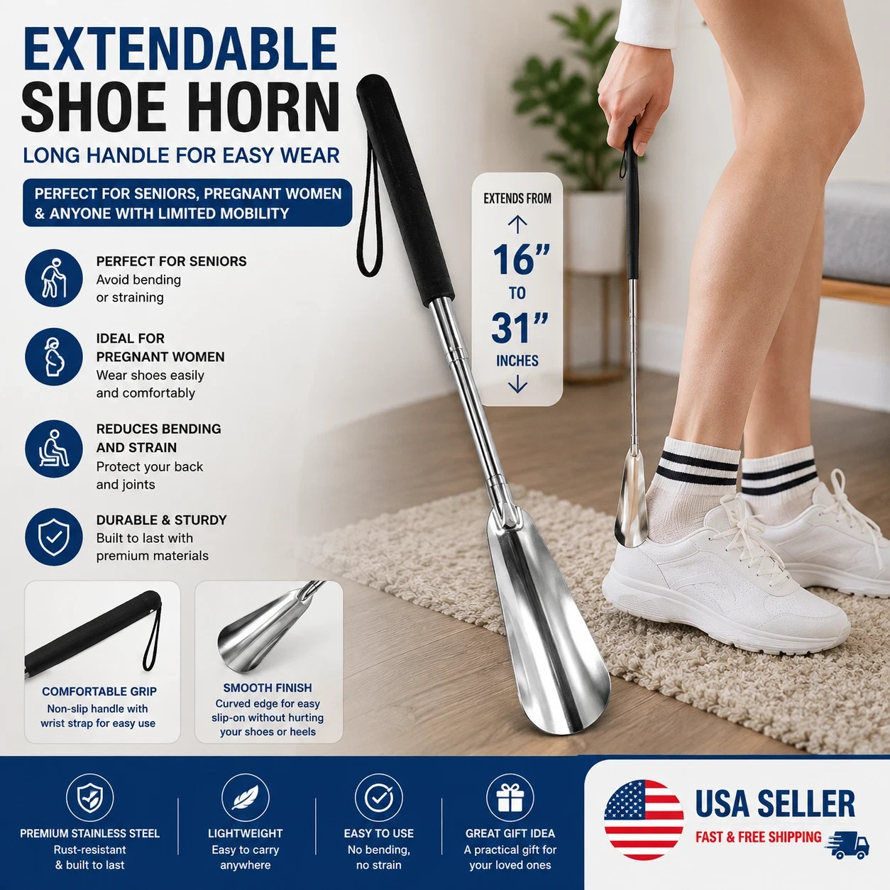New Extra Long Handle Shoe Horn Stainless Steel Handled Metal Shoehorn Horns