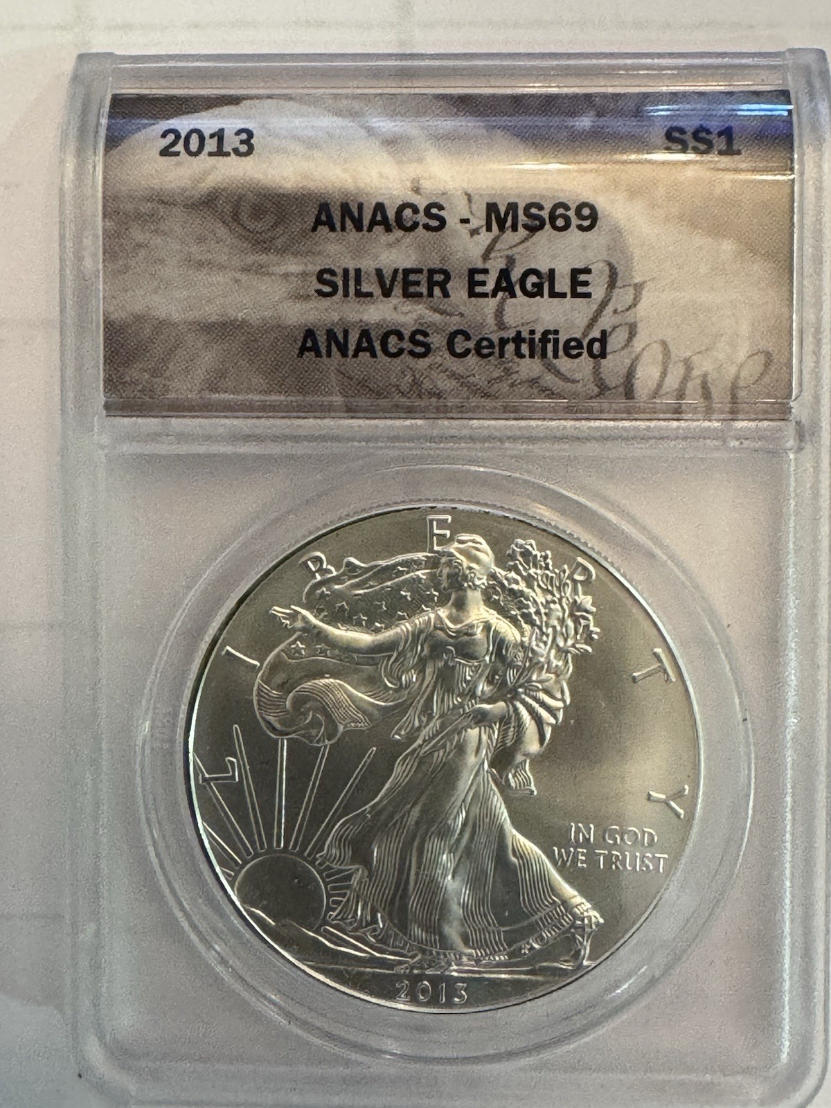 2013 1oz 0.999 FINE SILVER. AMERICAN SILVER EAGLE. ANACS CERTIFIED MS-69. 2013 1oz 0.999 FINE SILVER. AMERICAN SILVER EAGLE. ANACS CERTIFIED MS-69.