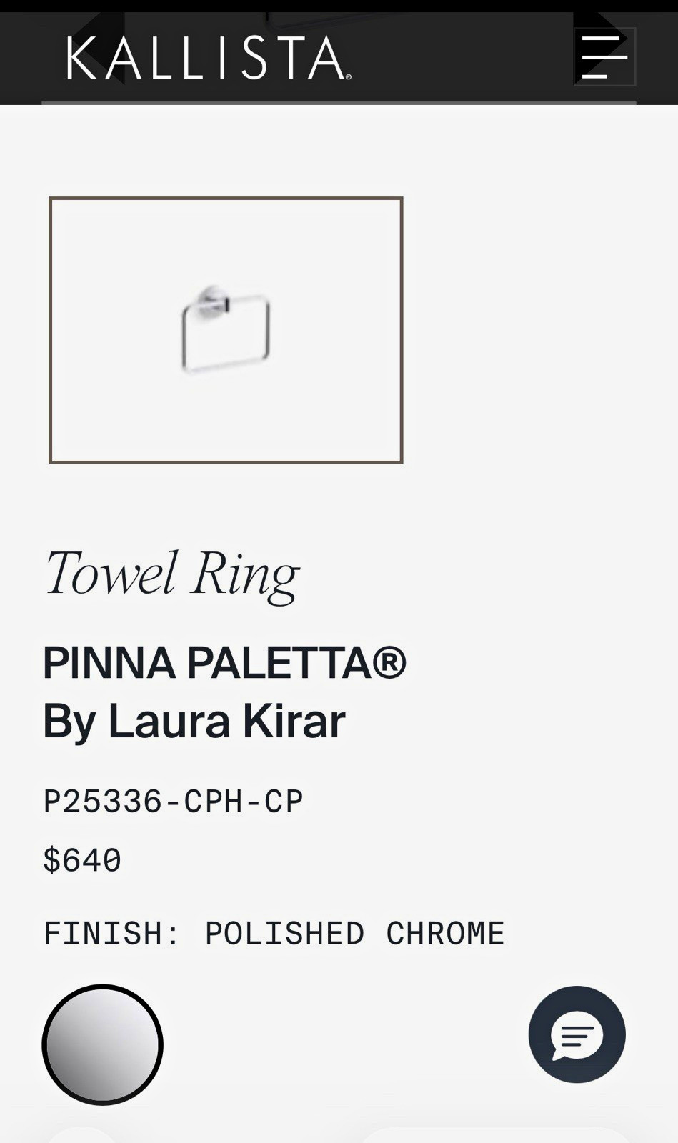 KALLISTA Pinna Paletta Towel Ring, Polished Chrome Finish Metal, P25336-CPH-CP