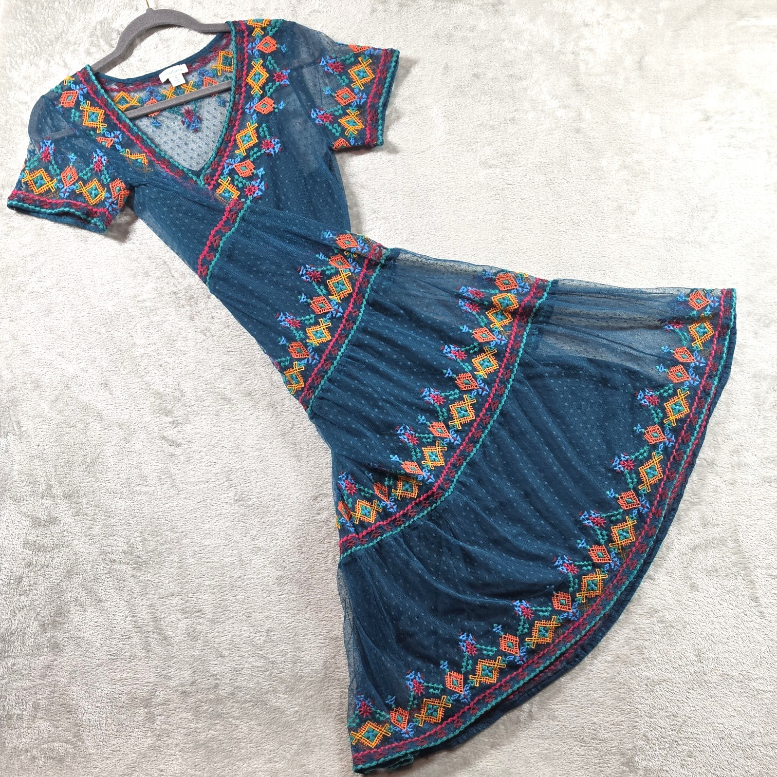 Sundance Maxi Dress Size M Embroidered Teal Blue Aztec Boho Southwest