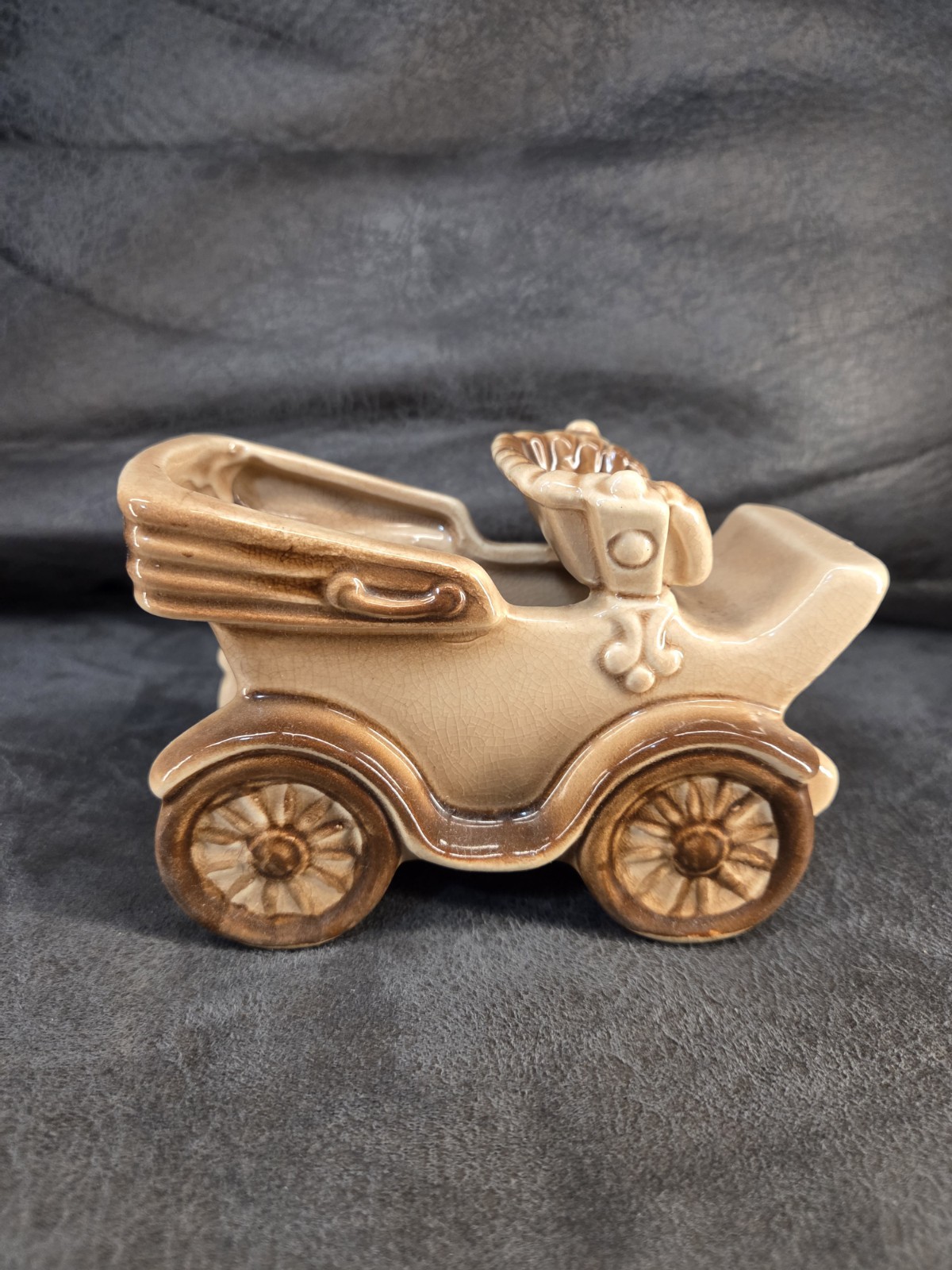 Vintage Ceramic Antique Car Planter Made in Japan Brown Glaze Horseless Carriage
