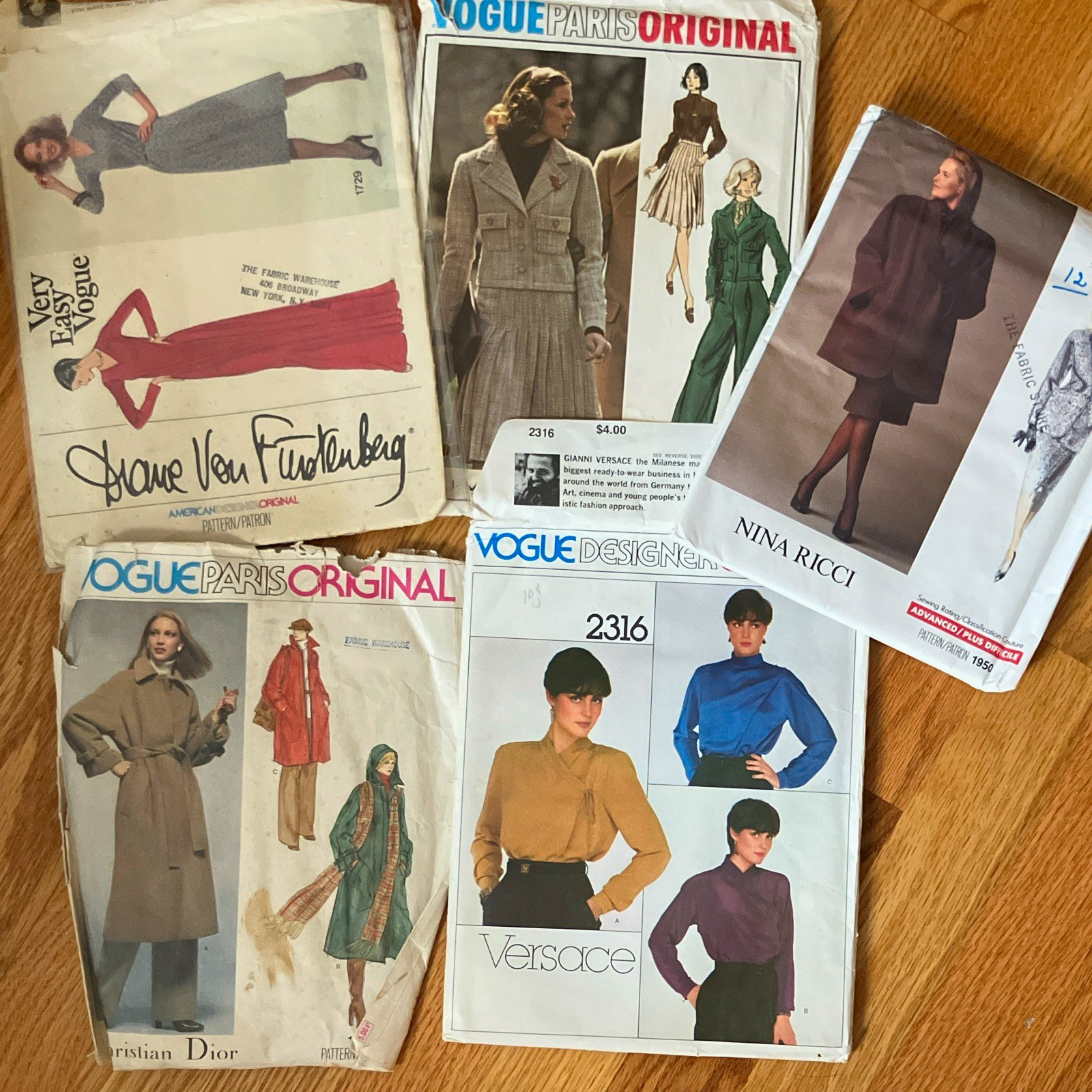 Vogue Vintage Original Designer Pattern Lot Versace Givenchy Dior Nina Ricci