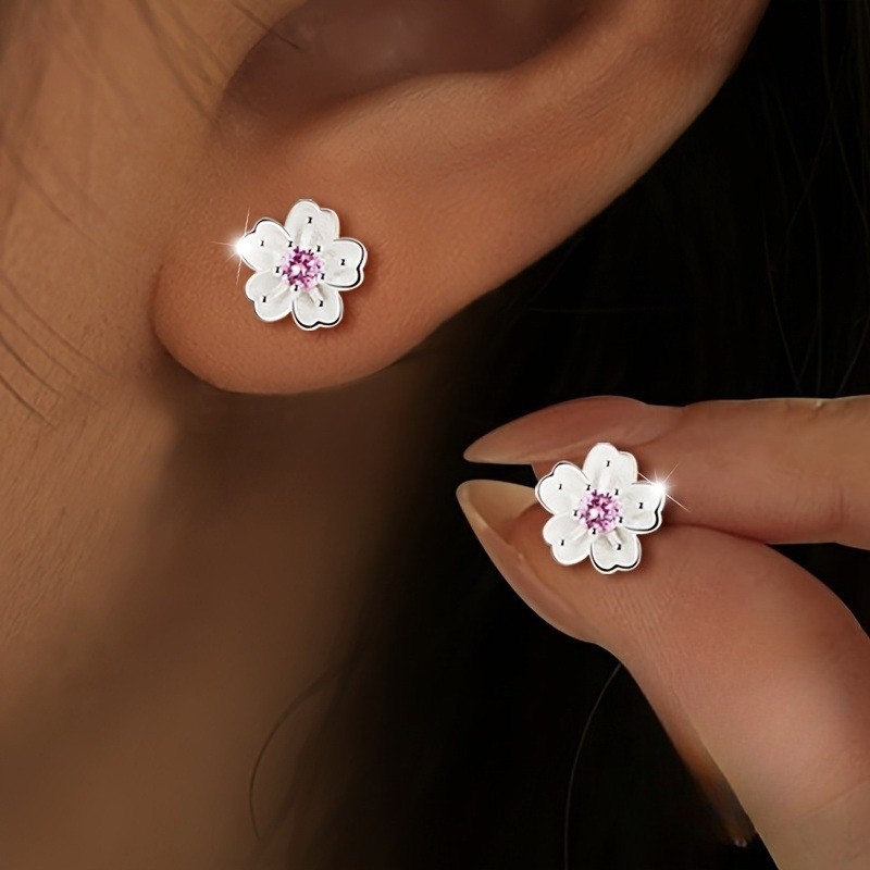 Women's Elegant Pink Rhinestone Ear Studs Cherry Blossom SMALL Earrings Copper Women's Elegant Pink Rhinestone Ear Studs Cherry Blossom SMALL Earrings Copper