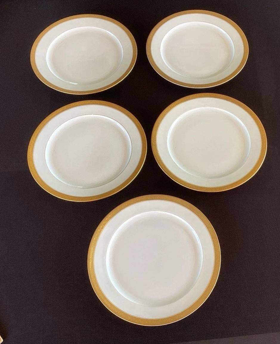 VTG 1900s 5 Ct GDA France Limoges White Porcelain Gold Rimmed 9.5” Dinner Plates