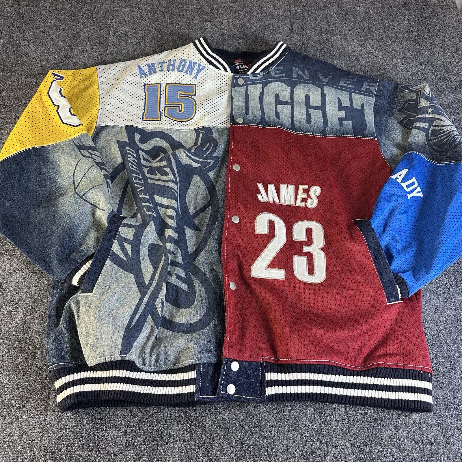 Vintage UNK NBA Patchwork Denim Jersey Varsity Jacket Mens 2XL LeBron Kobe