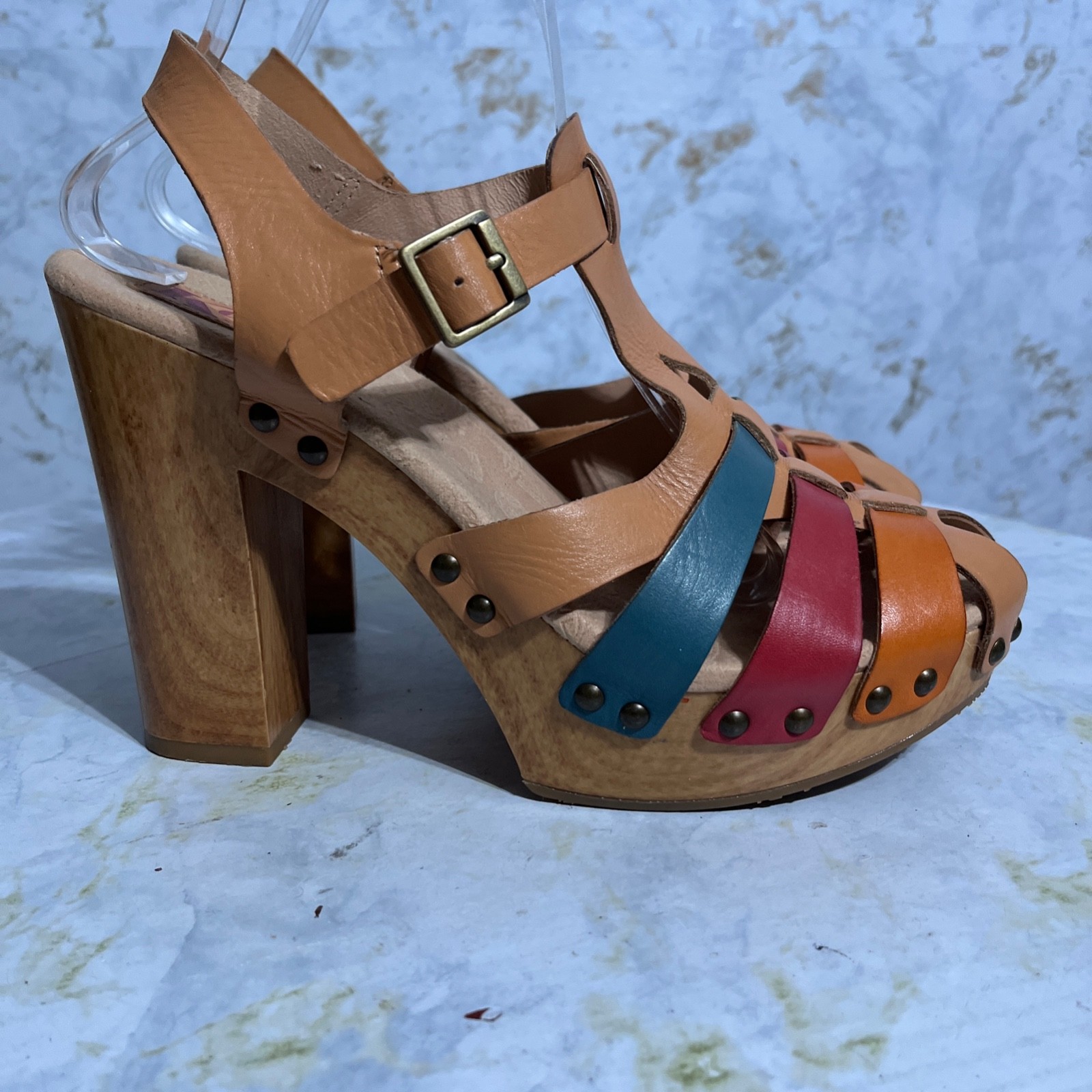 Korks by Kork Ease Women\'s Size 10M Shoes Brown Colorful Leather Wooden Heels Korks by Kork Ease Women\'s Size 10M Shoes Brown Colorful Leather Wooden Heels