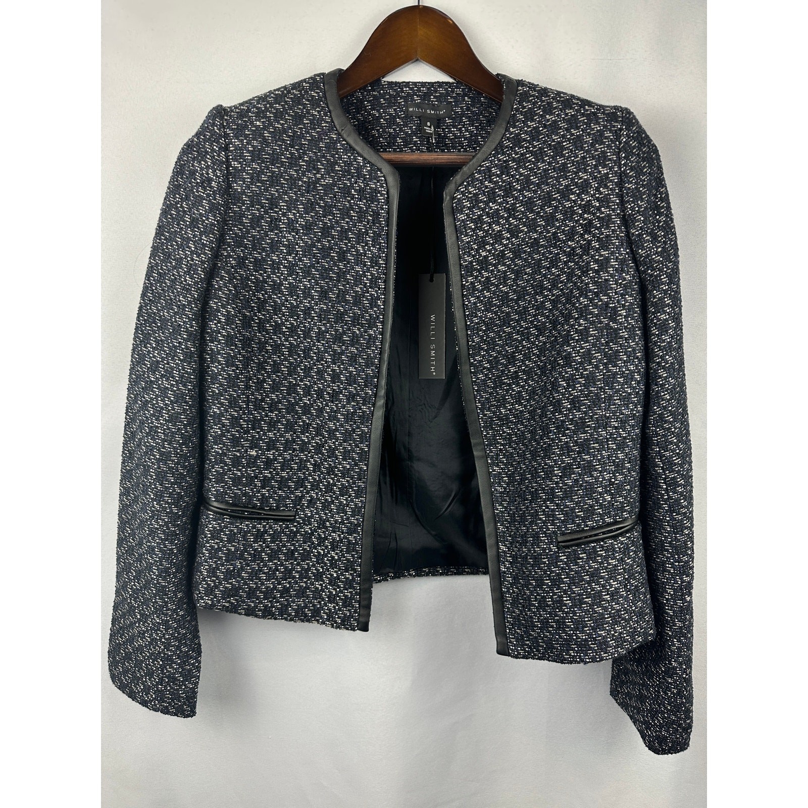 Women’s Willi Smith Blue, Black, Silver Tweed Open Blazer size 6 Women’s Willi Smith Blue, Black, Silver Tweed Open Blazer size 6