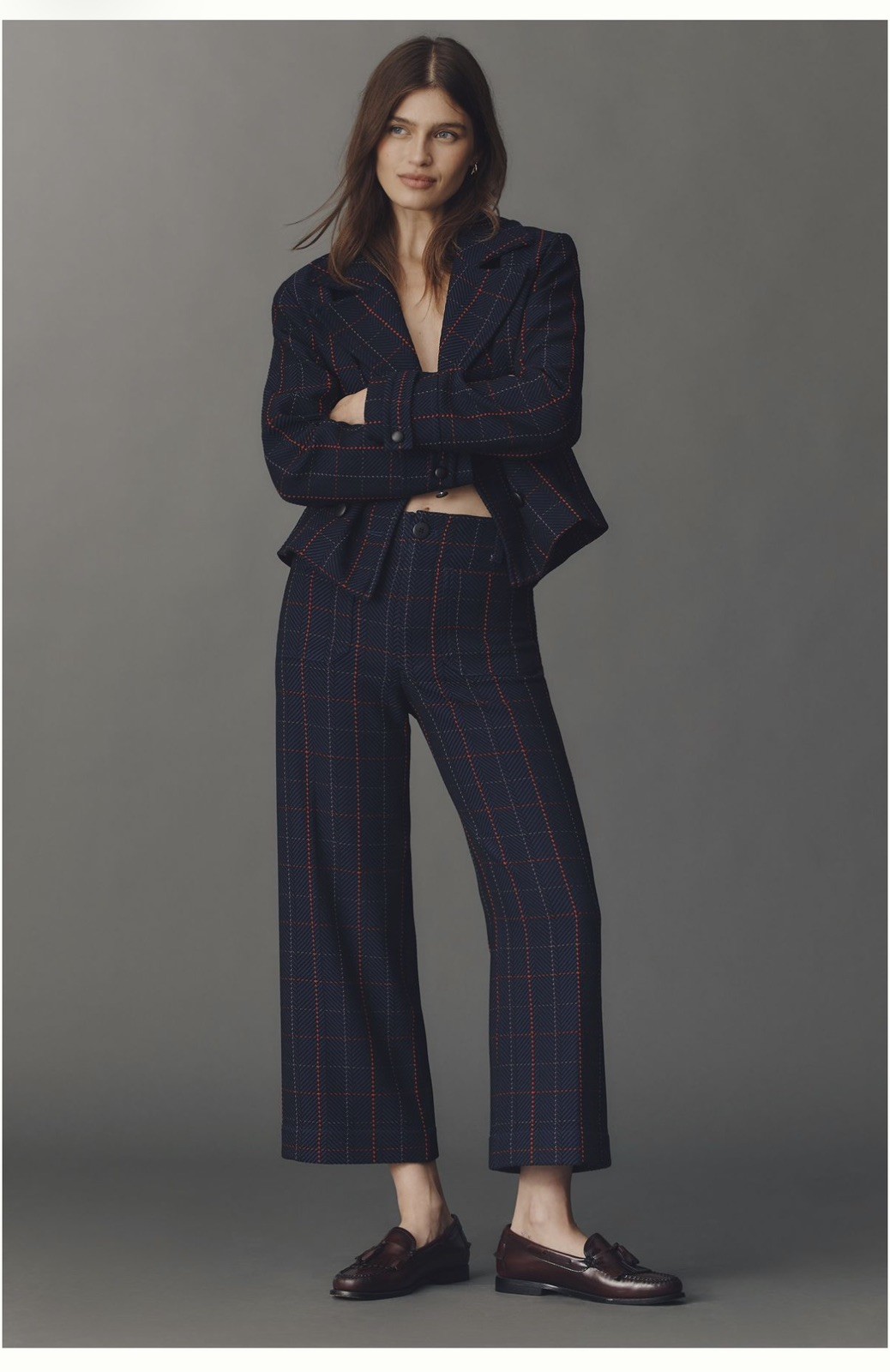Anthropologie Maeve x @merricksart Colette Crop Knit Pants - Navy / Red Plaid 28