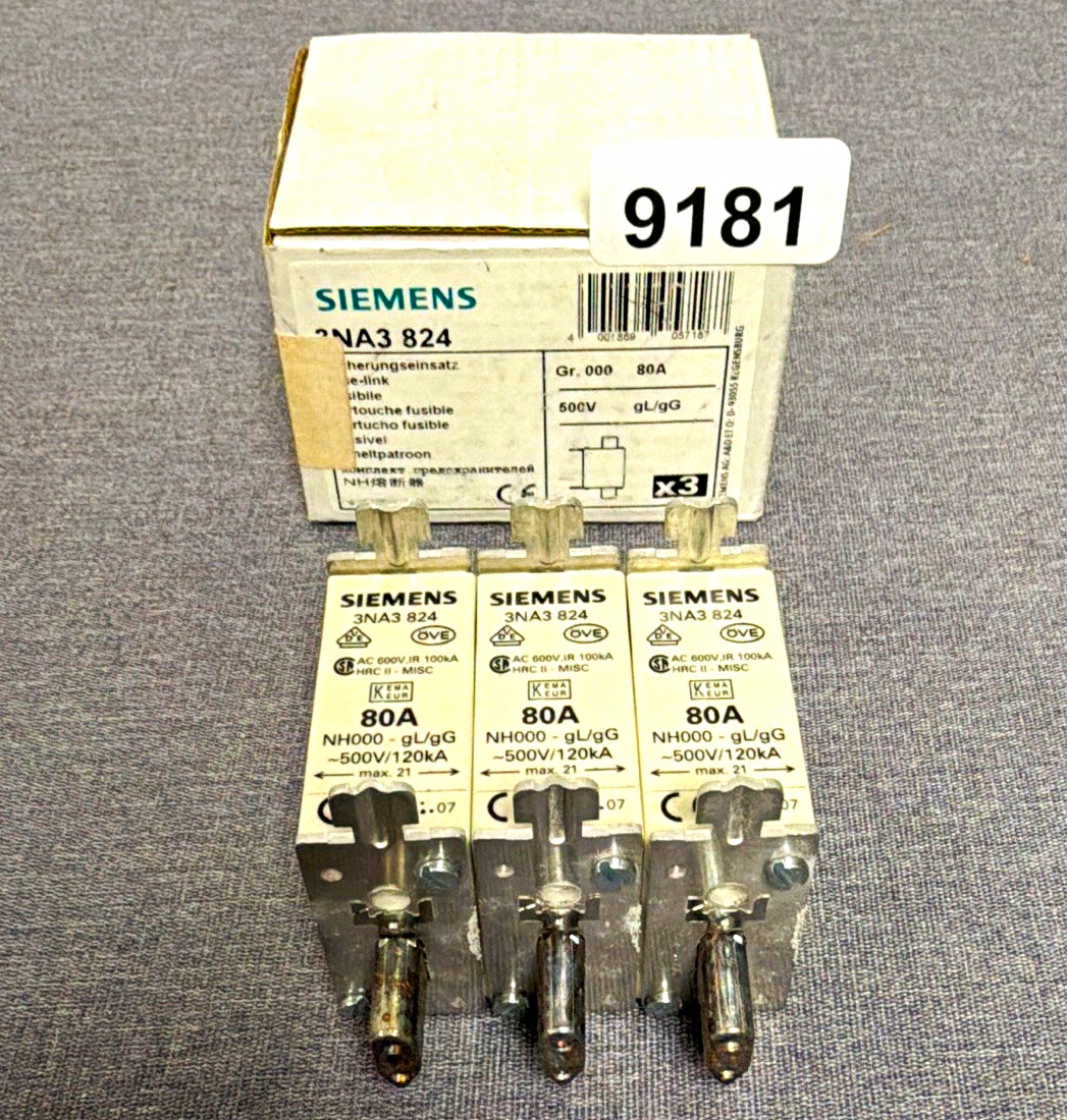 Siemens 3NA3 824 80A 500V AC Cartridge HRC Fuse Links Bolt-On (3) (9181)