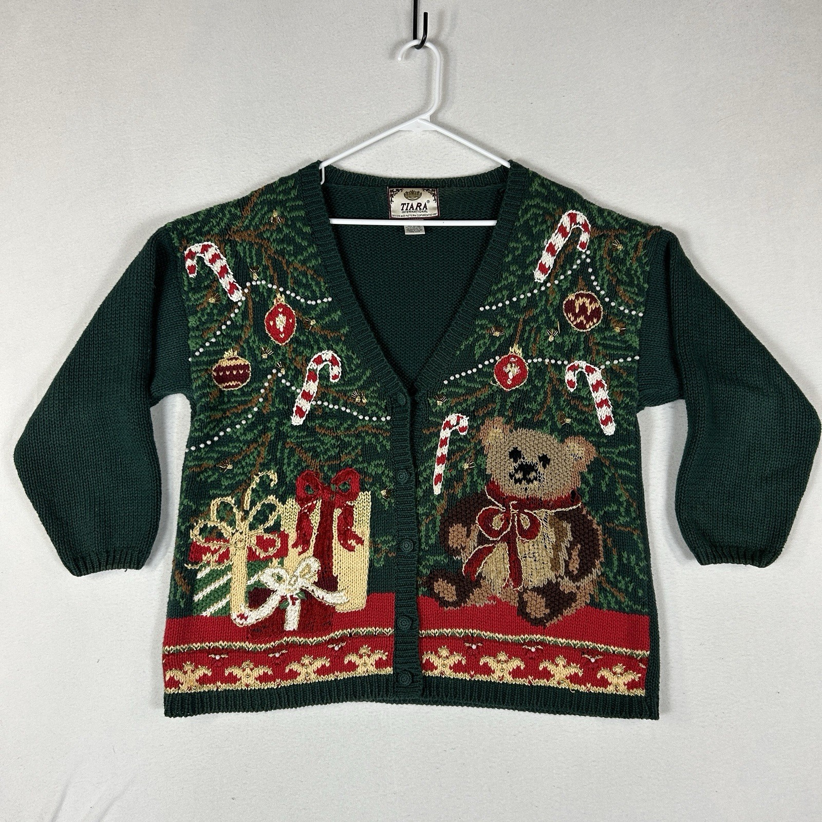 Vintage Tiara International Ugly Christmas Cardigan Sweater Women\'s Large Green