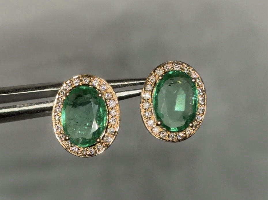 Natural Emerald 4.10 CTW & .34 CTW Diamond Halo Earrings 14K Gold