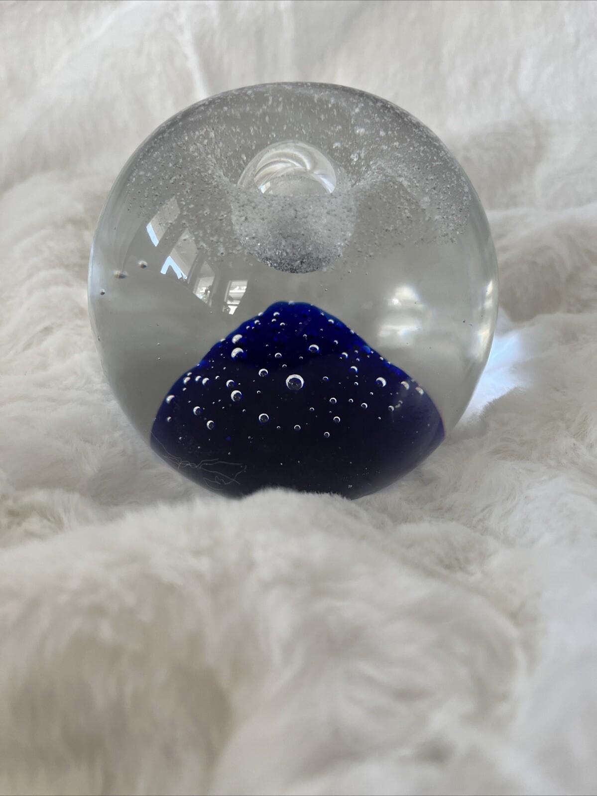 Vintage Cobalt Blue Controlled Unsigned  Bubble Art Glass Flakes Paperweight 4”