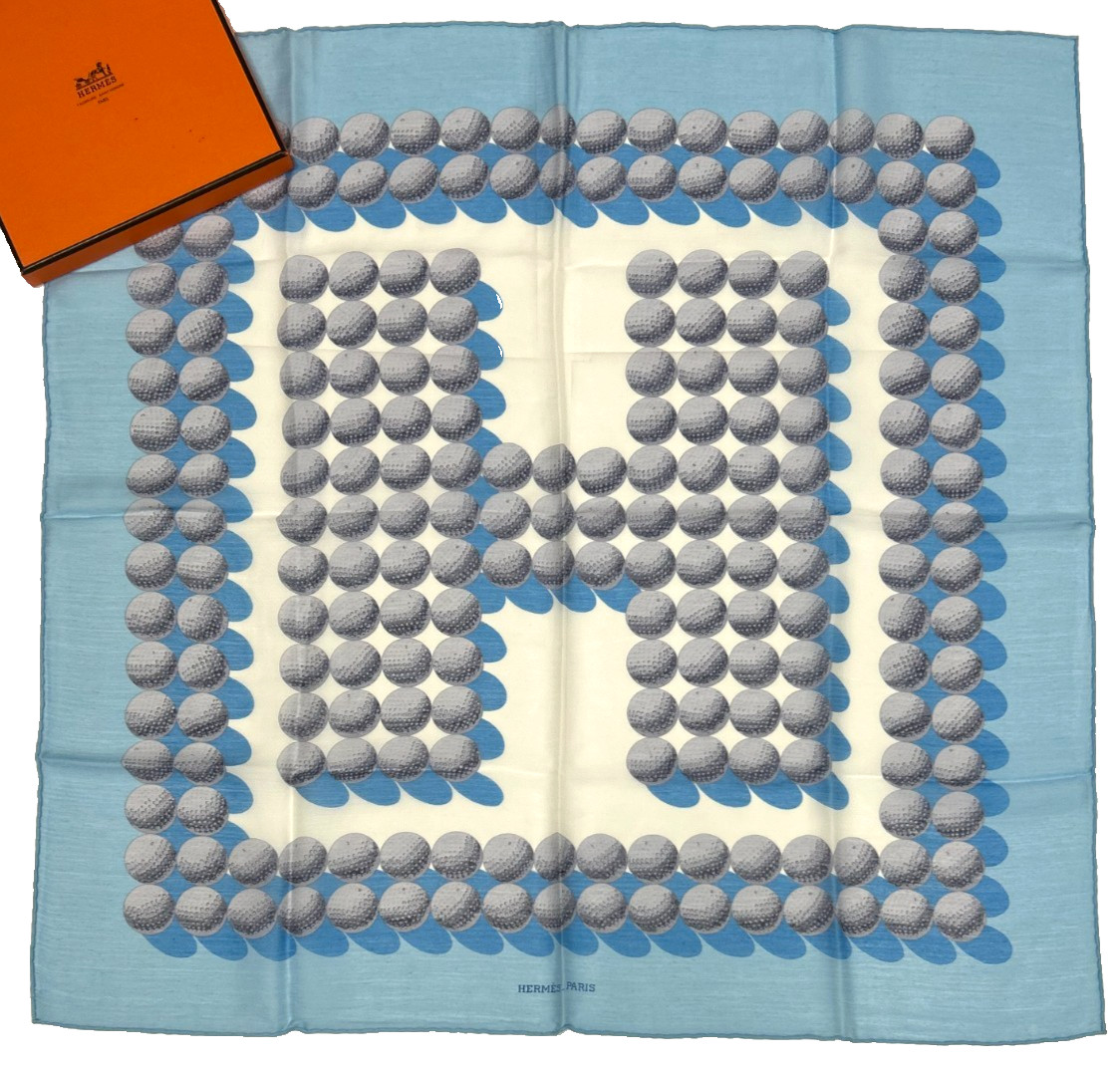 Auth Hermes Scarf 70cm Cashmere Cotton Blend \'Balles de Golf\' Golf Balls Carre