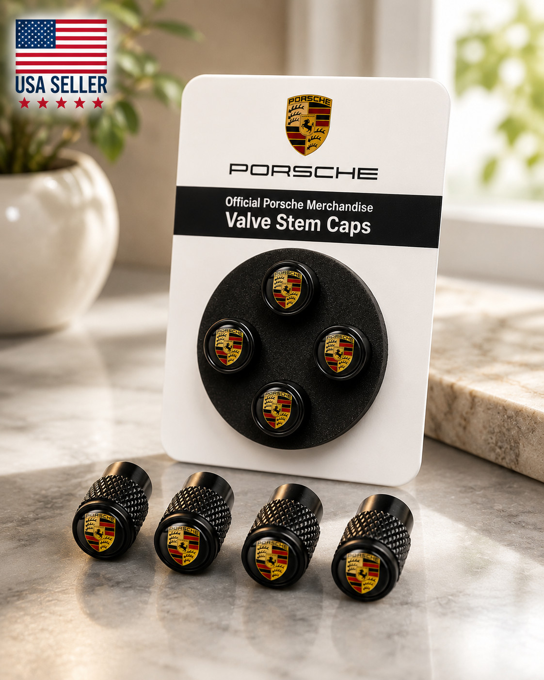 Genuine Porsche Premium OEM Tyre Valve Dust Caps (4x) in Gloss Black